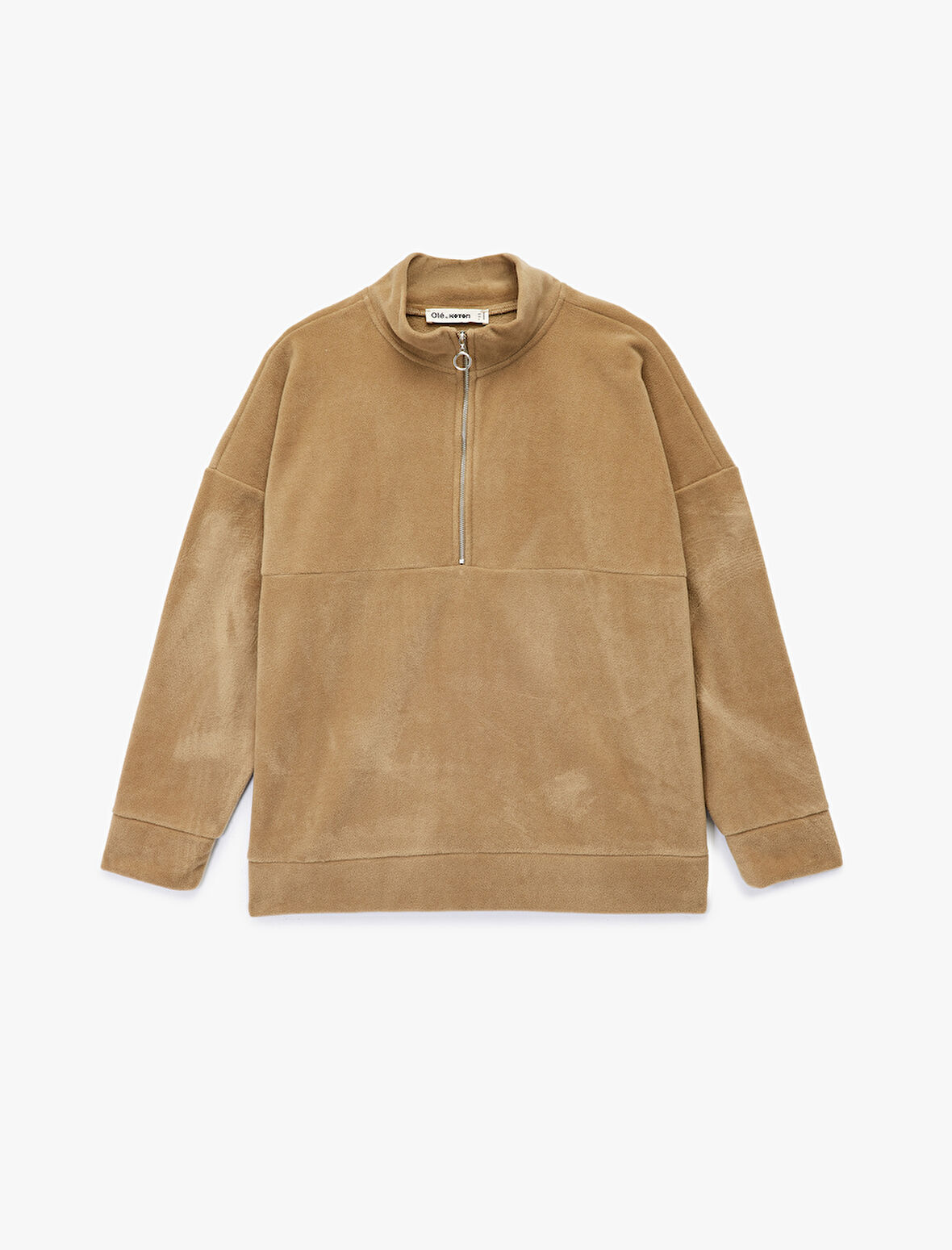Oversize Uzun Kollu Yarım Fermuarlı Şardonlu Polar Sweatshirt