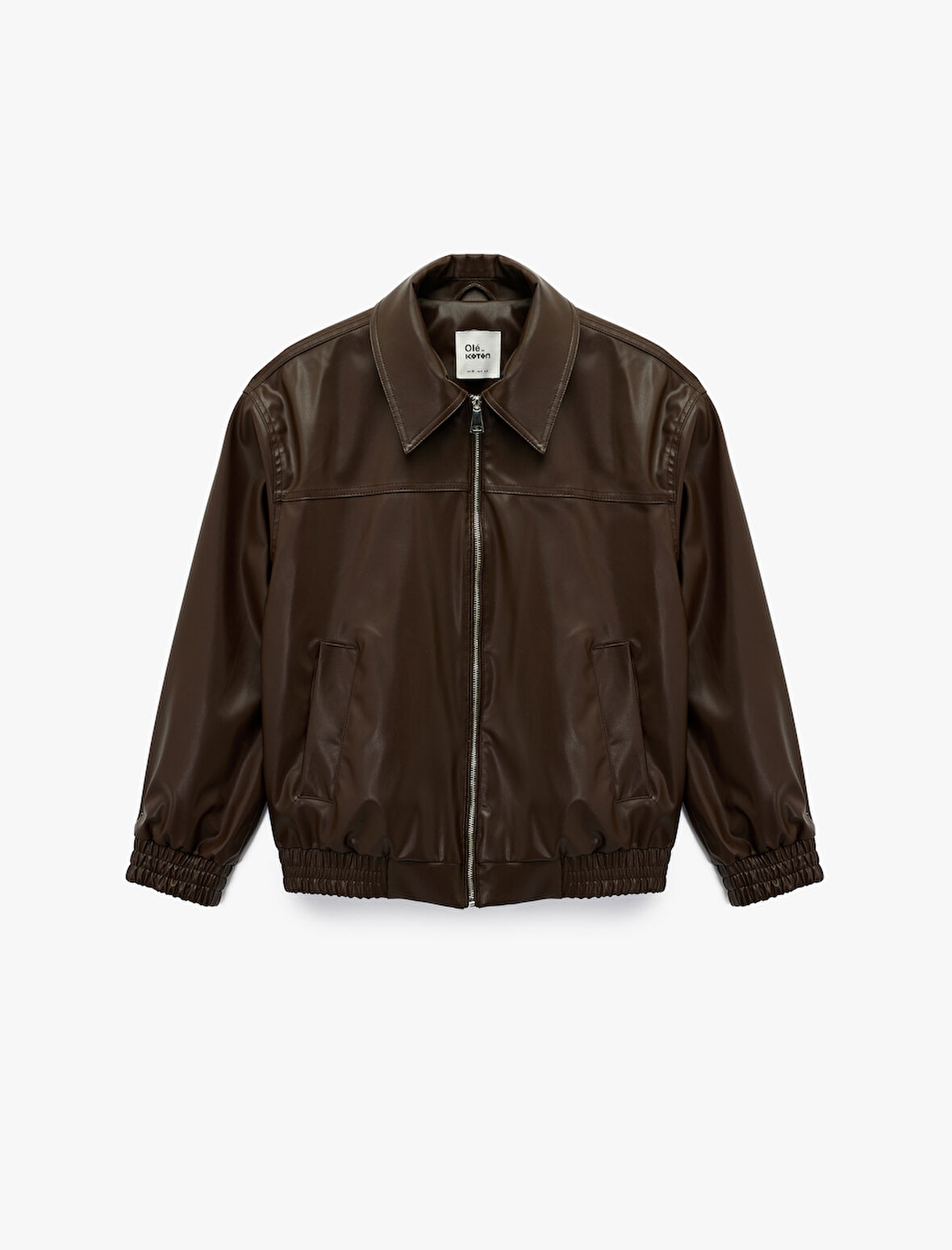 Klasik Yaka Cepli Fermuarlı Suni Deri Oversize Bomber Ceket