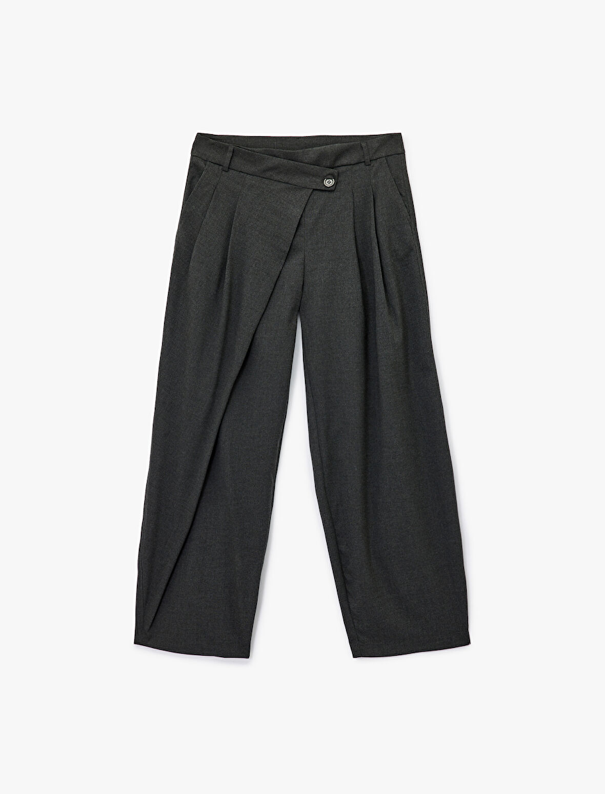 Düğme Detaylı Asimetrik Kesim Cepli Viskon Kumaş Geniş Paça Kumaş Pantolon