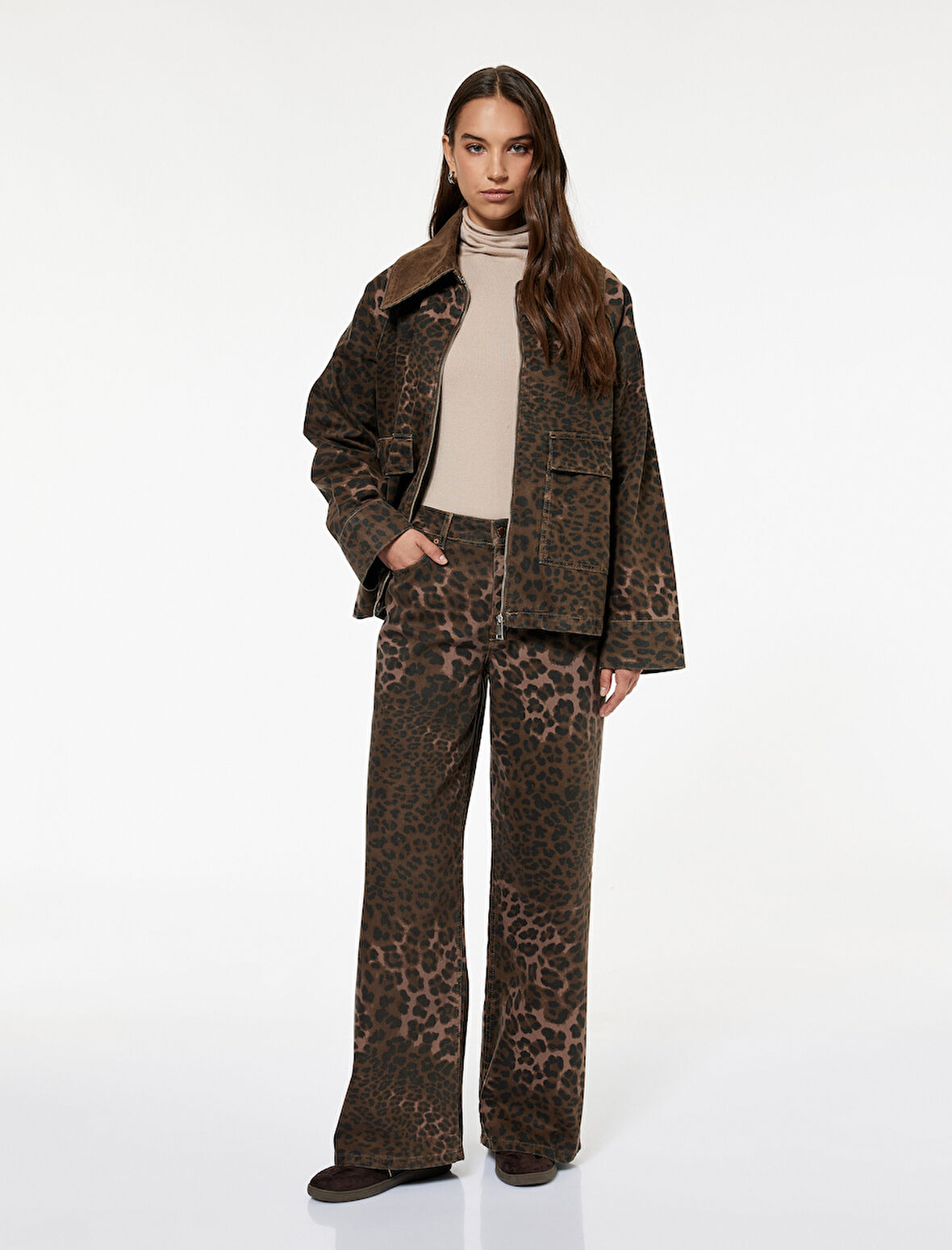 Leopar Desenli Bol Kalıp Jean Pantolon - Loose Straight Fit Jean