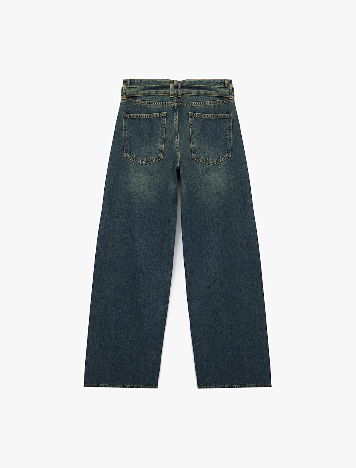 Pamuklu Normal Bel Kemerli Uzun Bol Paça Jean Pantolon - Loose Straight Fit Jean