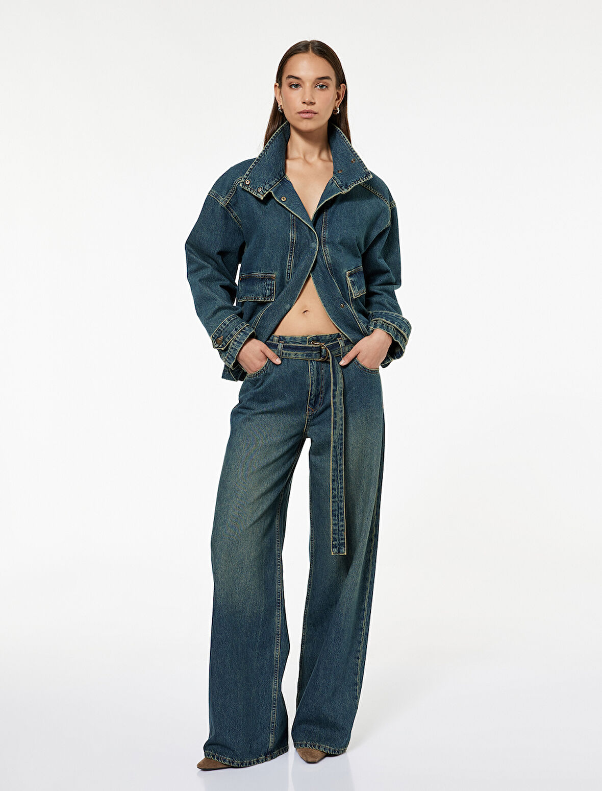 Pamuklu Normal Bel Kemerli Uzun Bol Paça Jean Pantolon - Loose Straight Fit Jean