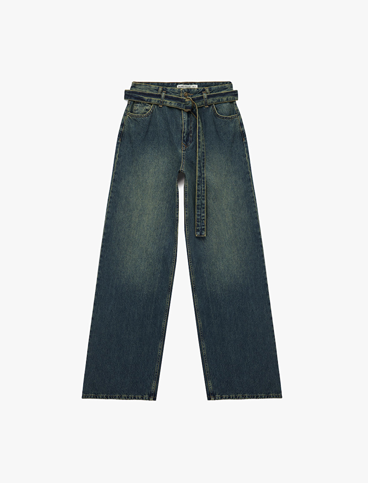 Pamuklu Normal Bel Kemerli Uzun Bol Paça Jean Pantolon - Loose Straight Fit Jean