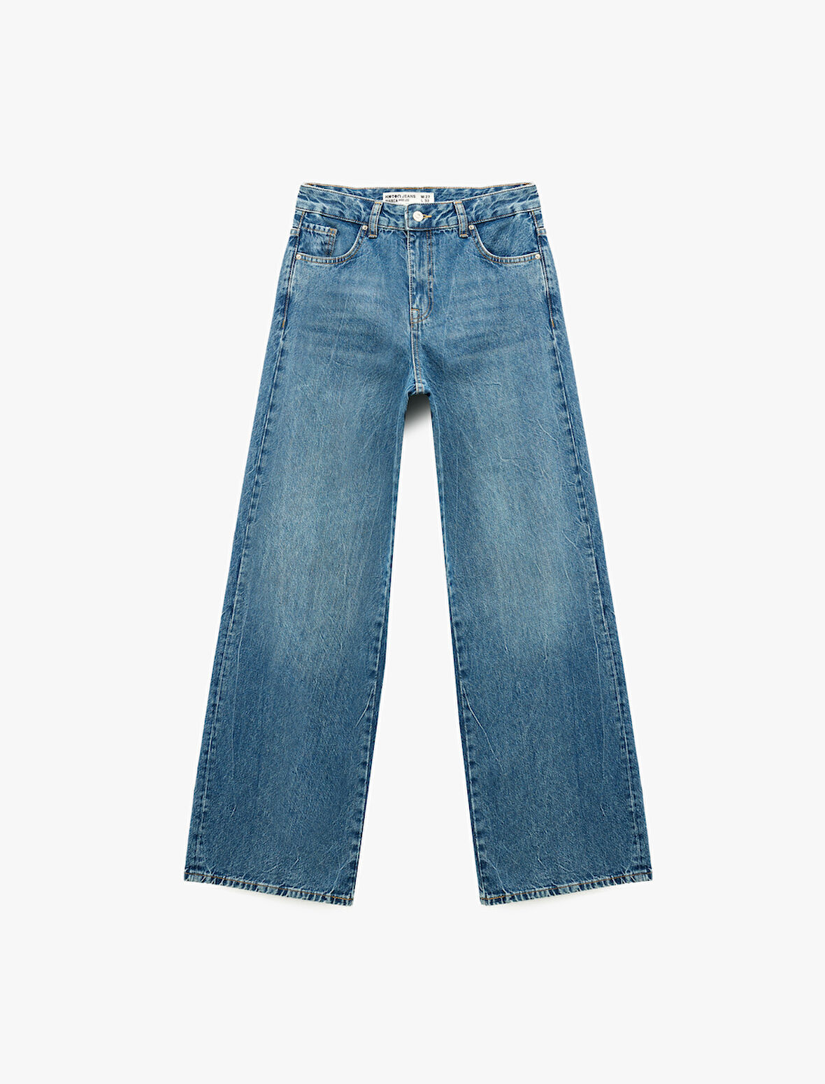 Normal Bel Pamuklu Düğmeli Cepli Geniş Paça Jean Pantolon - Wide Leg Jeans