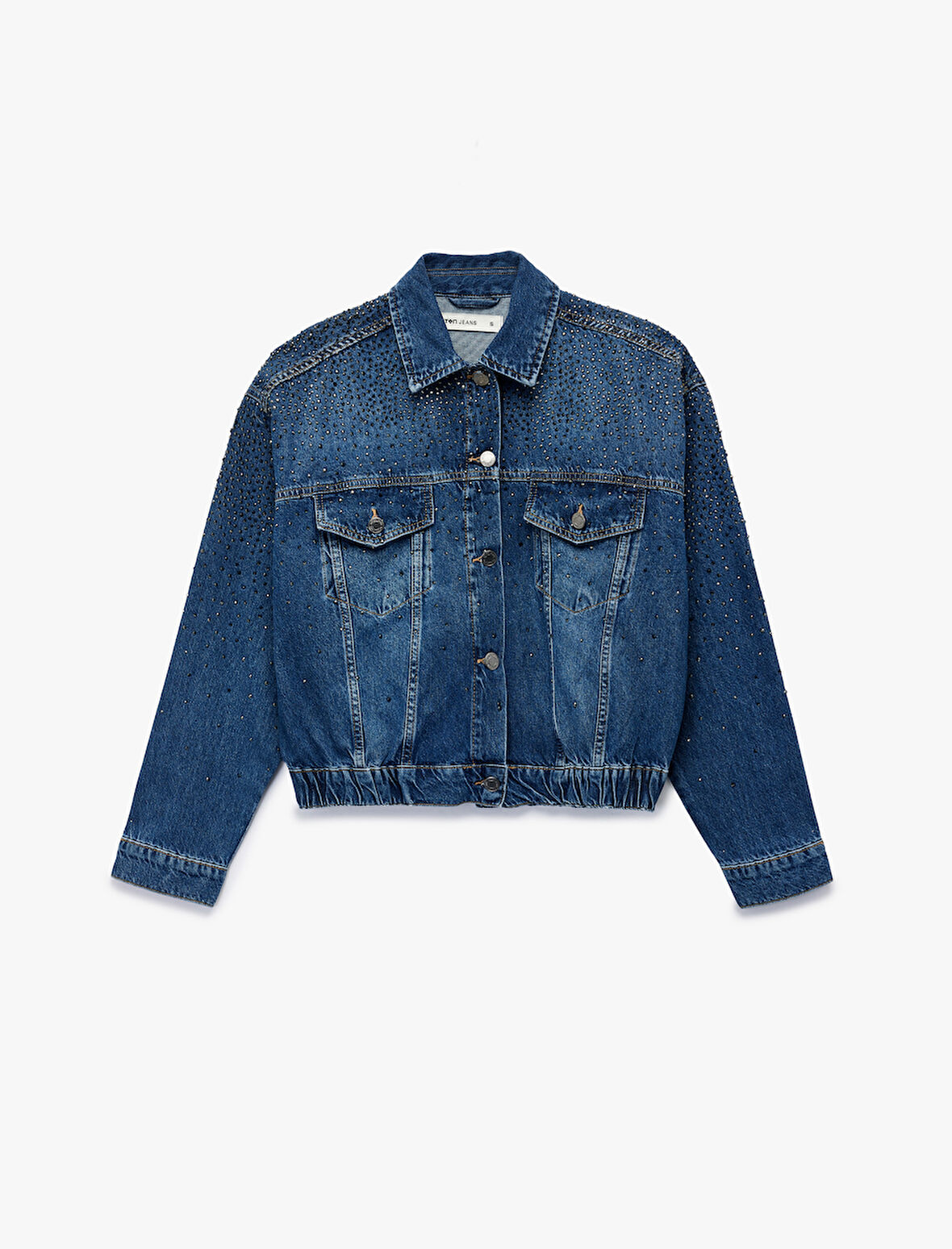 Uzun Kollu Klasik Yaka Düğmeli Cepli Taş Detaylı Denim Ceket