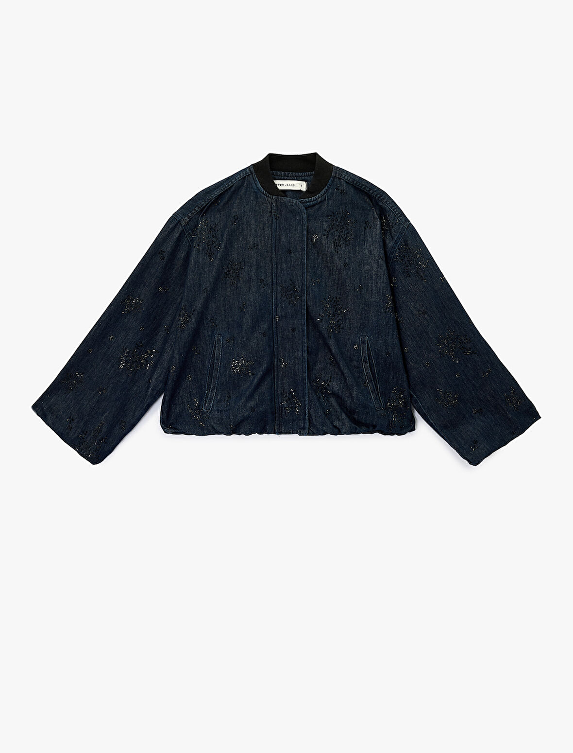 Çıtçıt Düğmeli Taş Detaylı Uzun Kollu Dik Yaka Denim Ceket