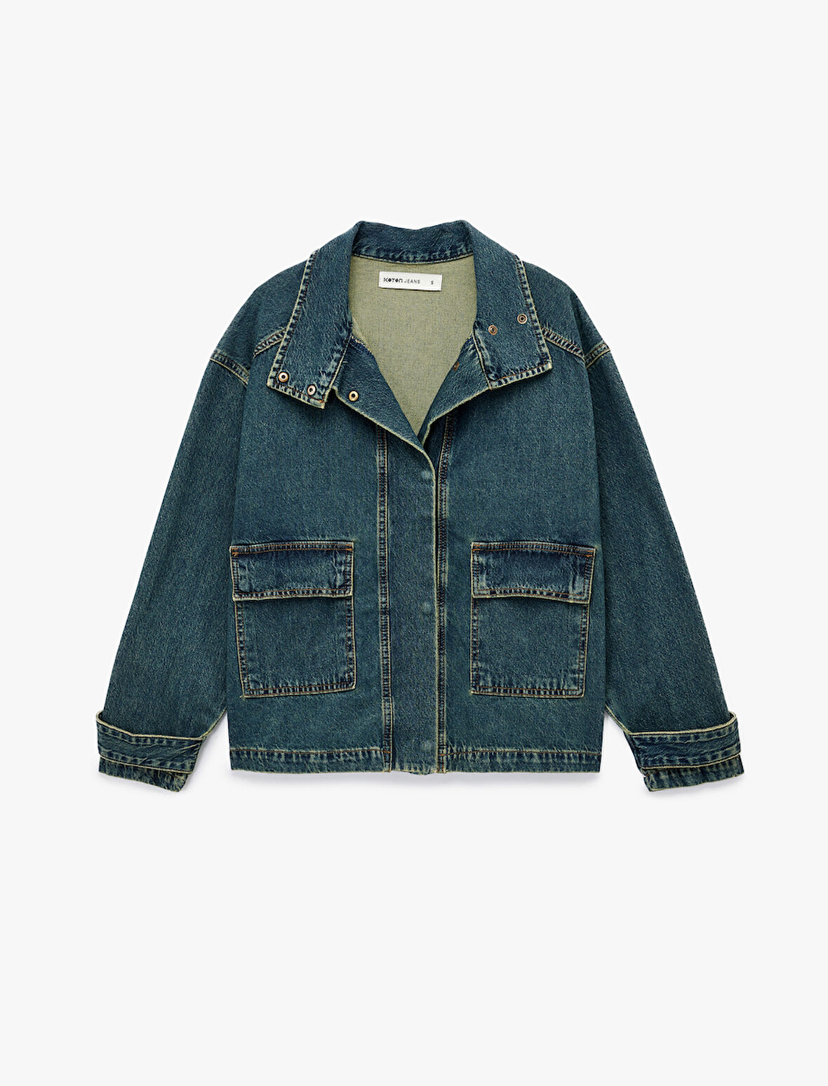 Pamuklu Uzun Kollu Dik Yaka Cep Detaylı Düğmeli Denim Ceket