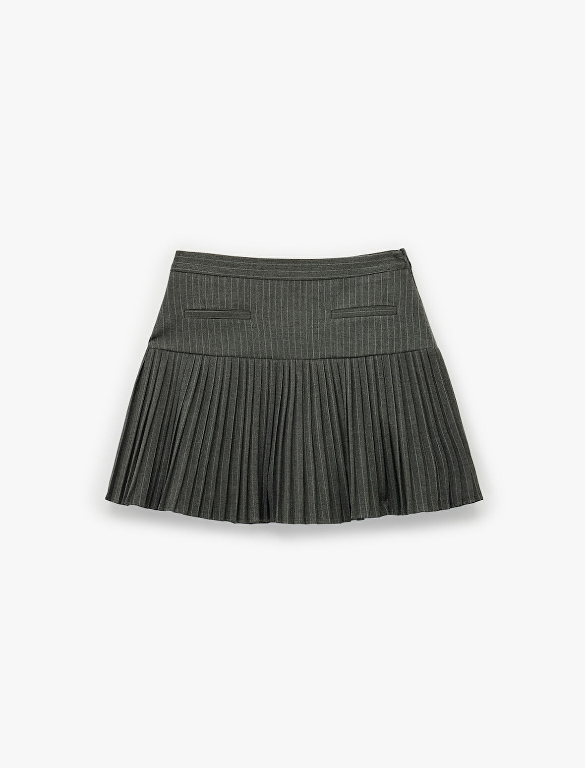 Viskon Karışımlı Cep Detaylı Çizgili Pileli Mini Etek