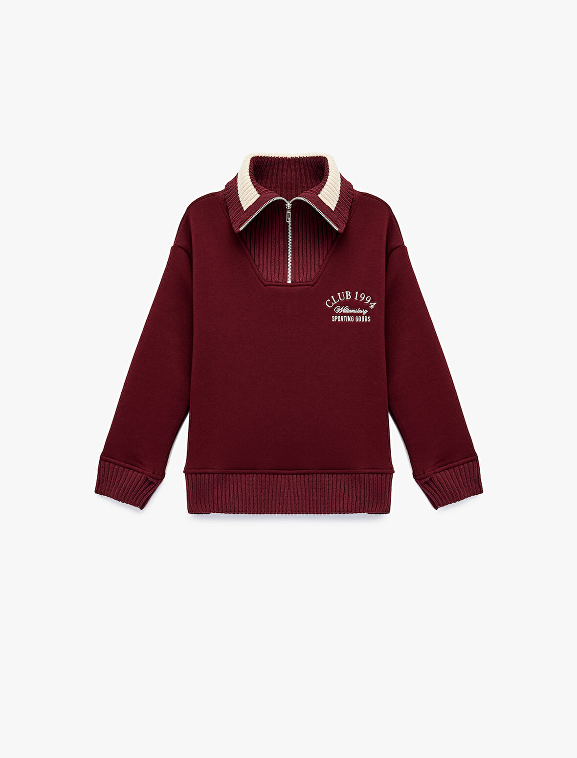 Uzun Kollu Nakışlı Renk Kontrastlı Oversize Yarım Fermuarlı Sweatshirt