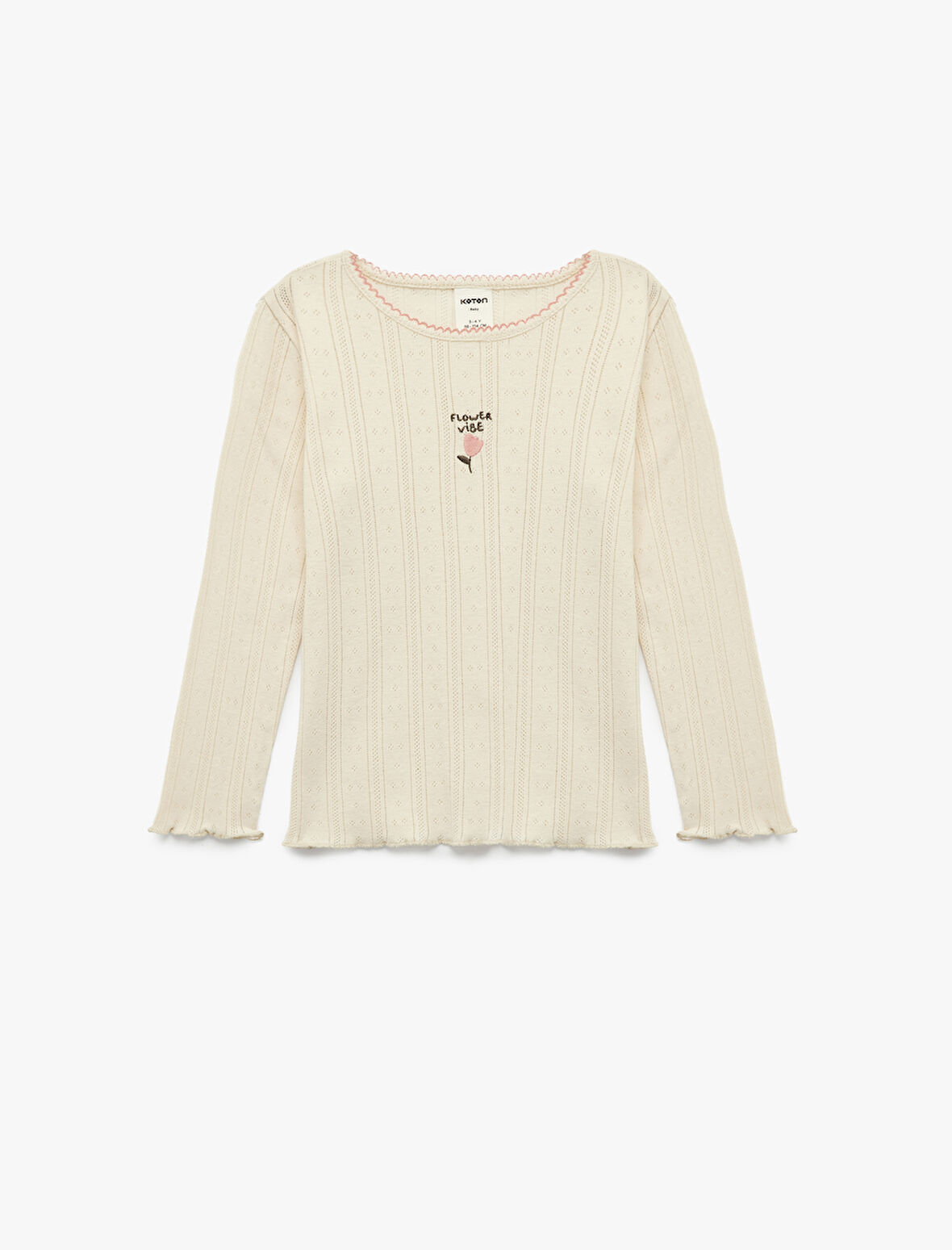 Pamuklu Bisiklet Yaka Nakış Detaylı Uzun Kollu Tişört