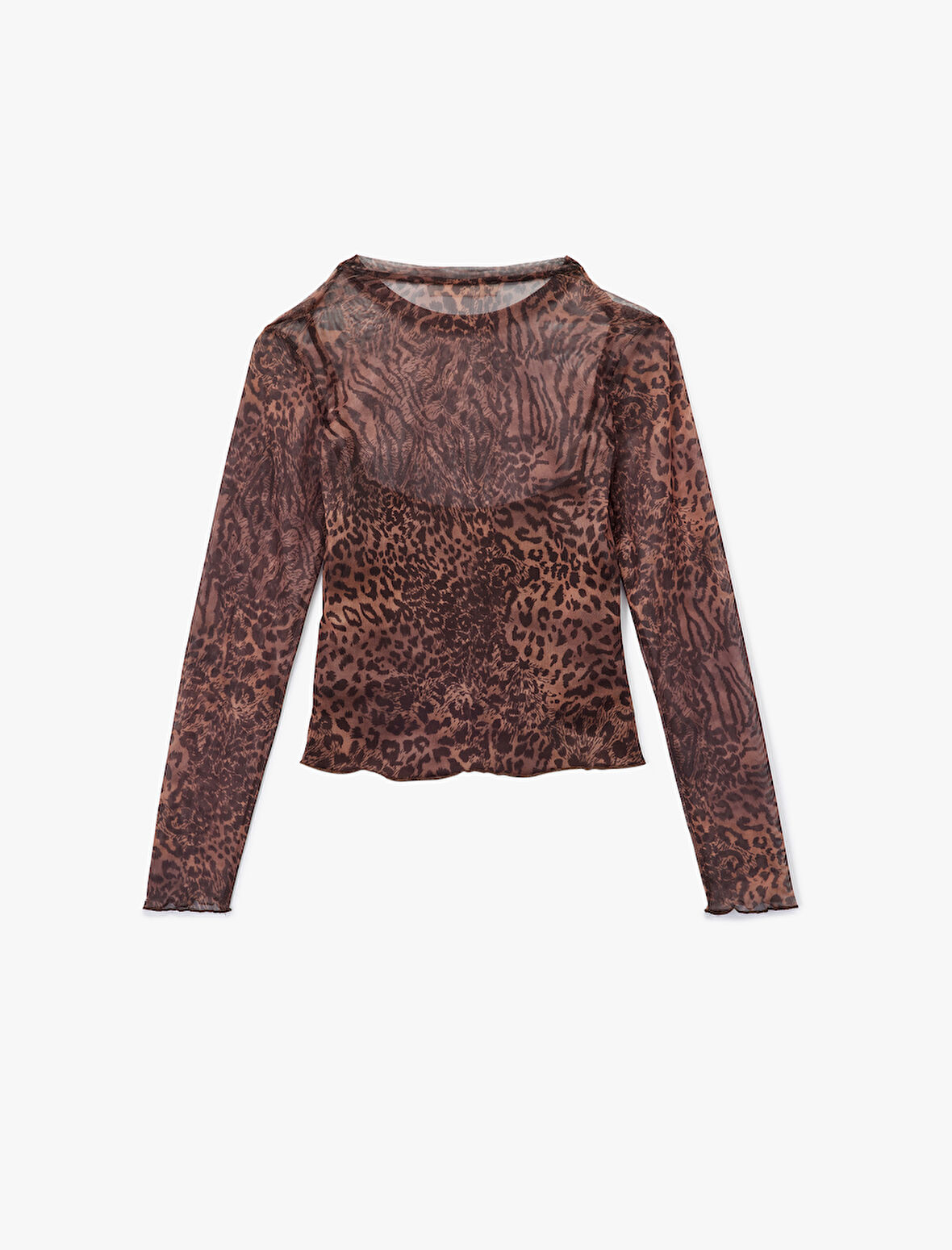 Slim Fit Uzun Kollu Leopar Baskılı Tül Tişört