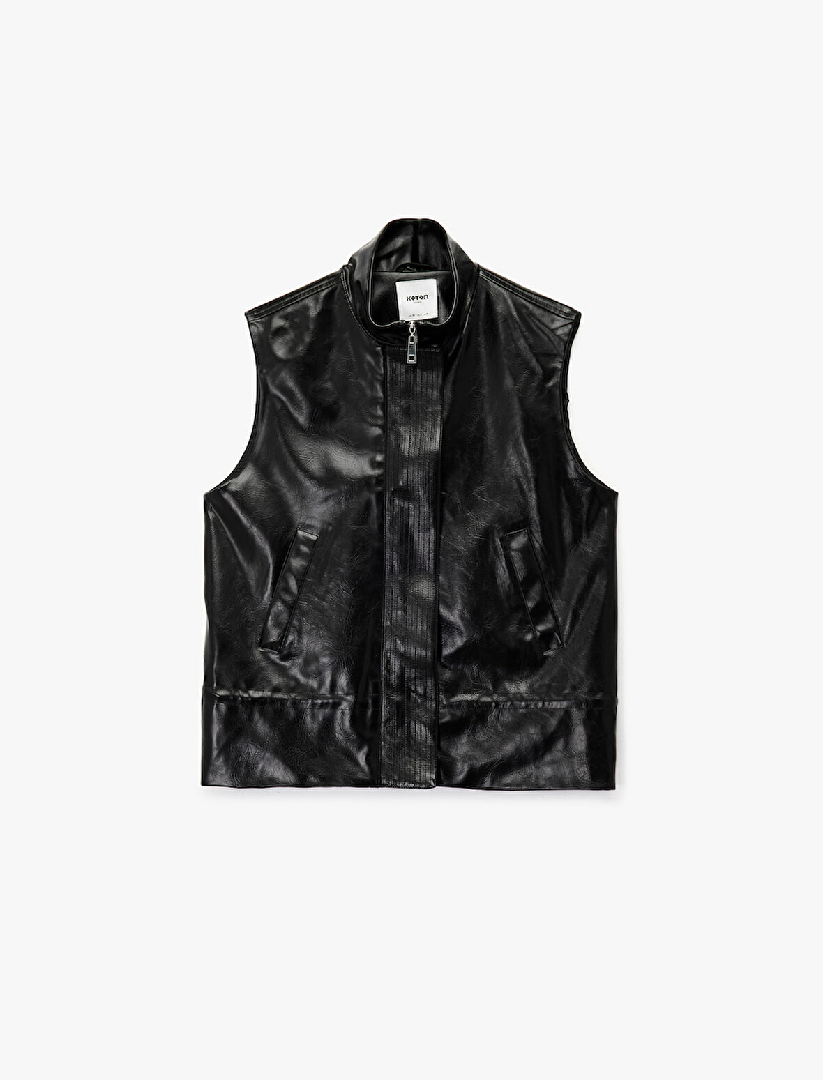 Cepli Fermuarlı Dik Yaka Suni Deri Yelek