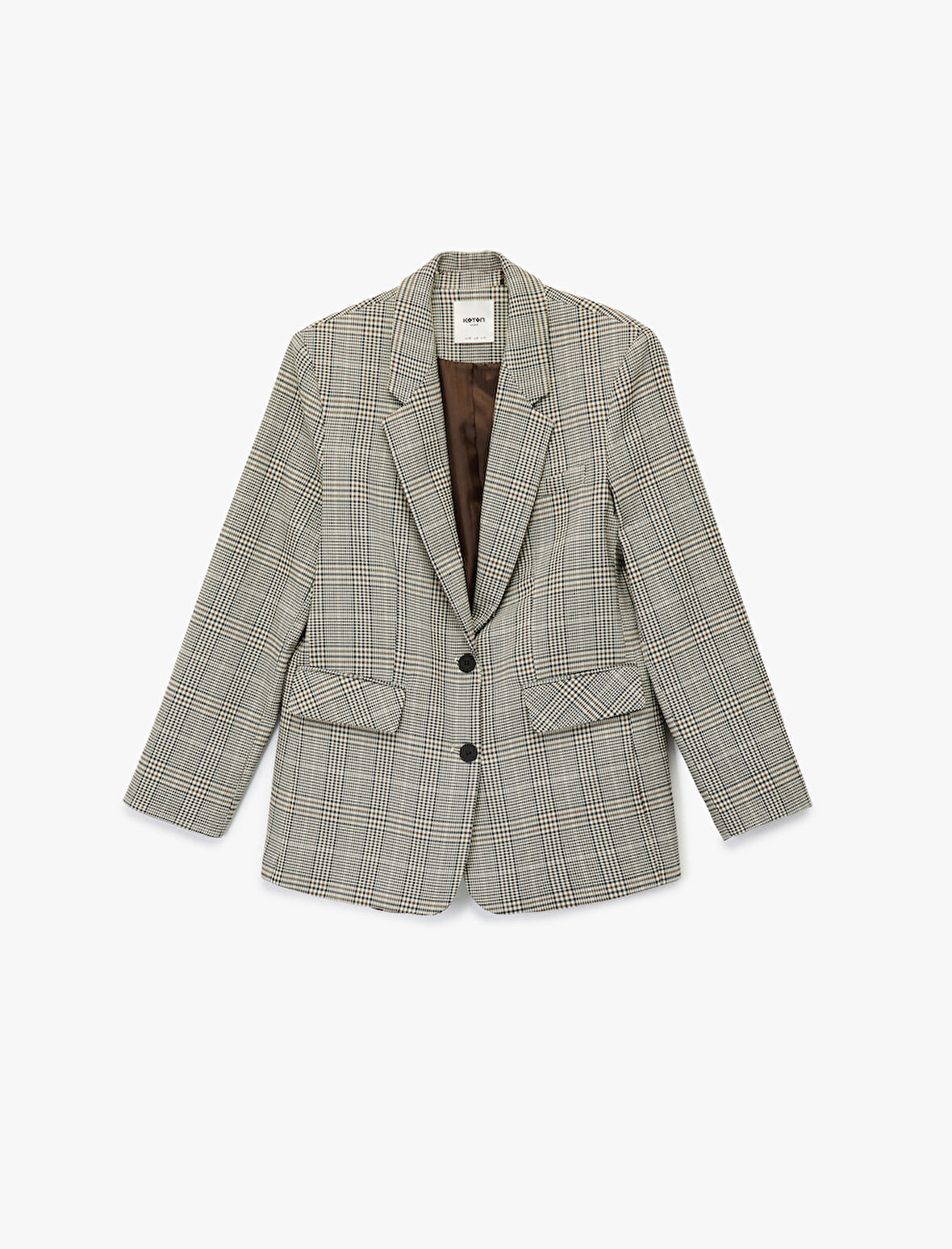 Geniş Yaka Viskon Karışımlı Cep Detaylı Düğmeli Ekoseli Blazer Ceket