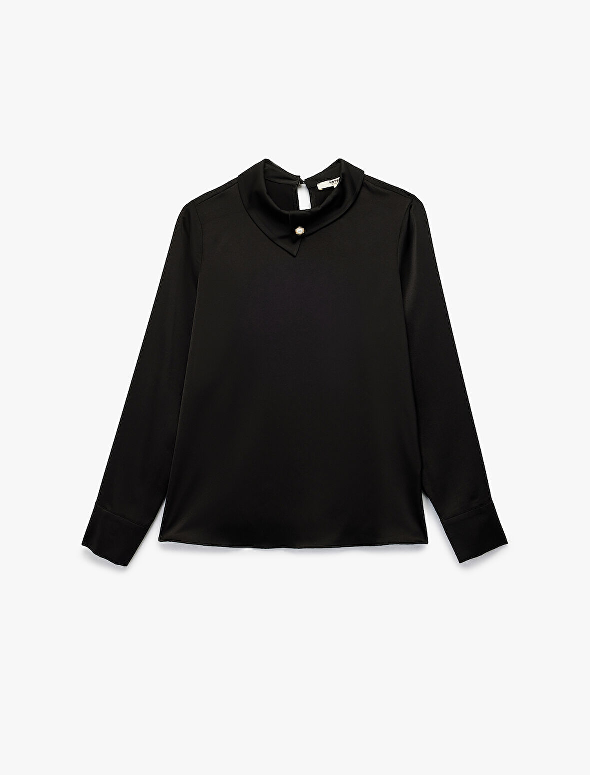 Asimetrik Yaka İnci Düğme Detaylı Uzun Kollu Saten Bluz