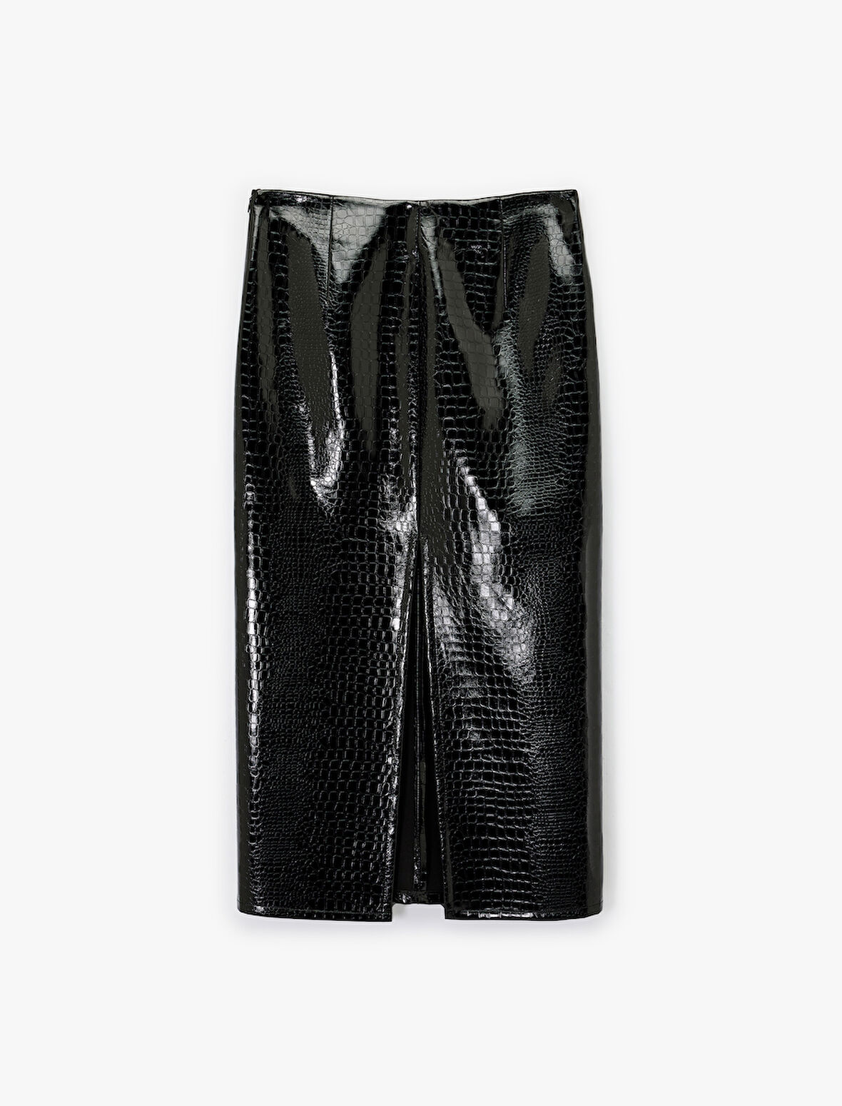 Suni Deri Kroko Görünümlü Ön Yırtmaç Detaylı Midi Kalem Etek