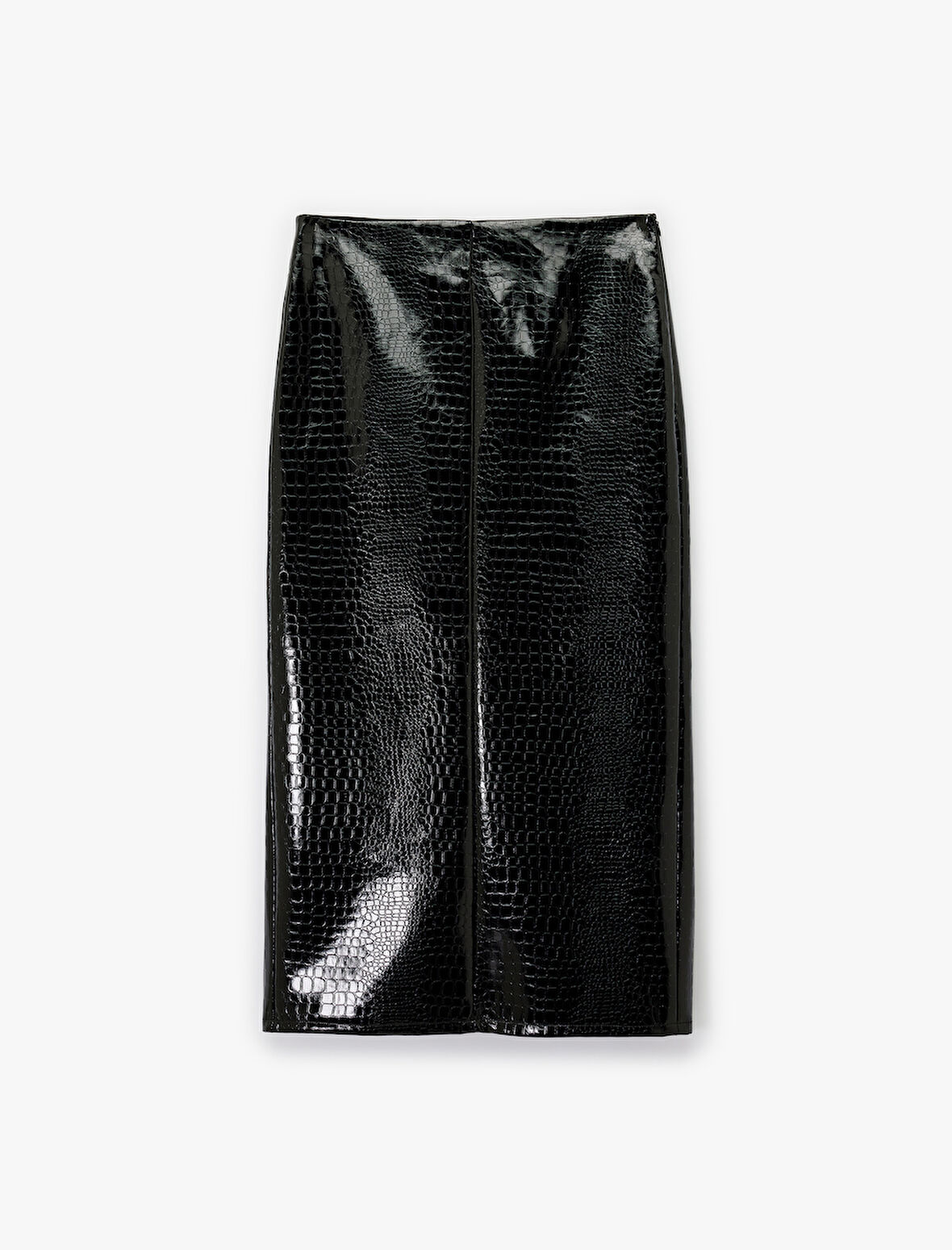 Suni Deri Kroko Görünümlü Ön Yırtmaç Detaylı Midi Kalem Etek