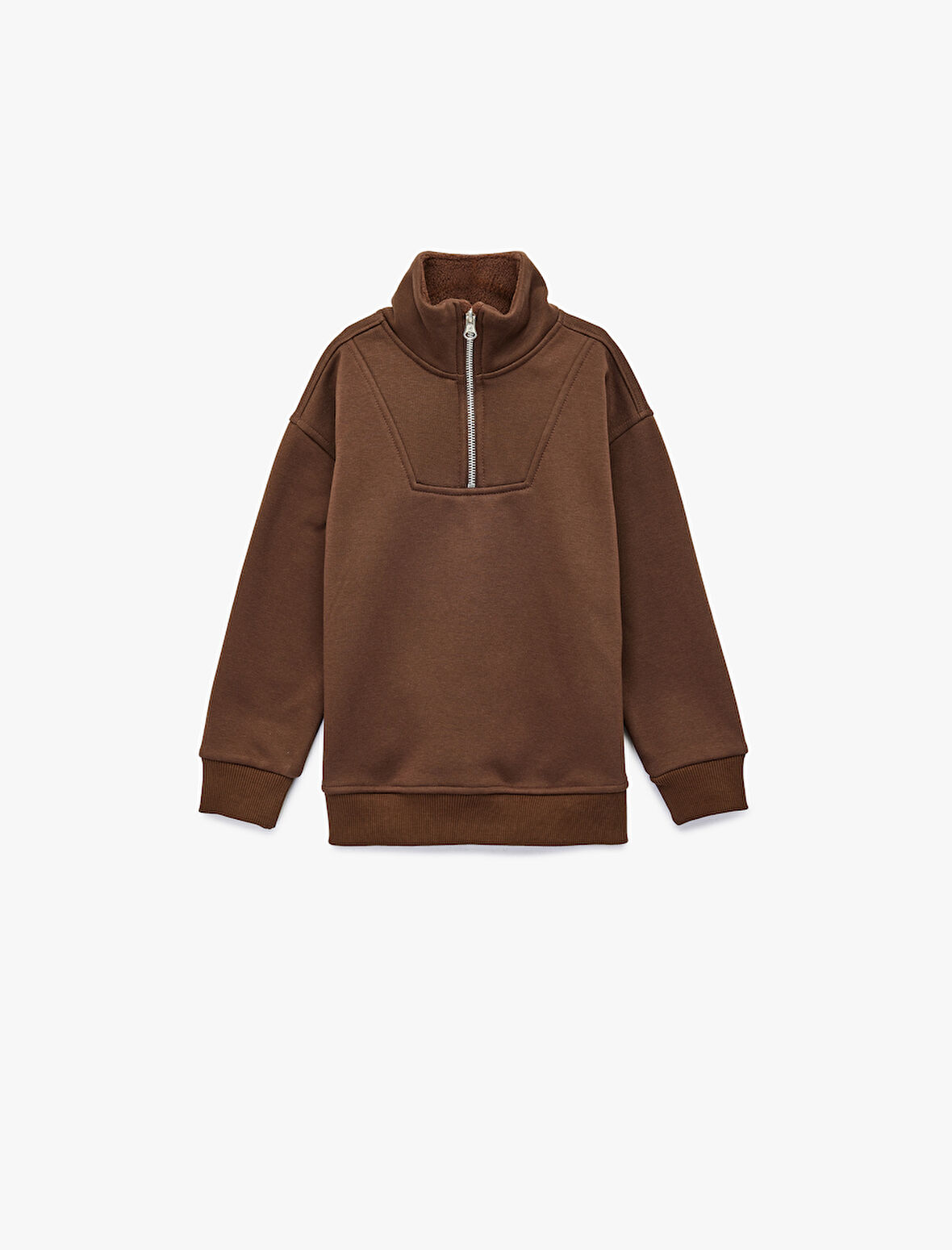 Uzun Kollu Yarım Fermuarlı Şardonlu Dik Yaka Sweatshirt