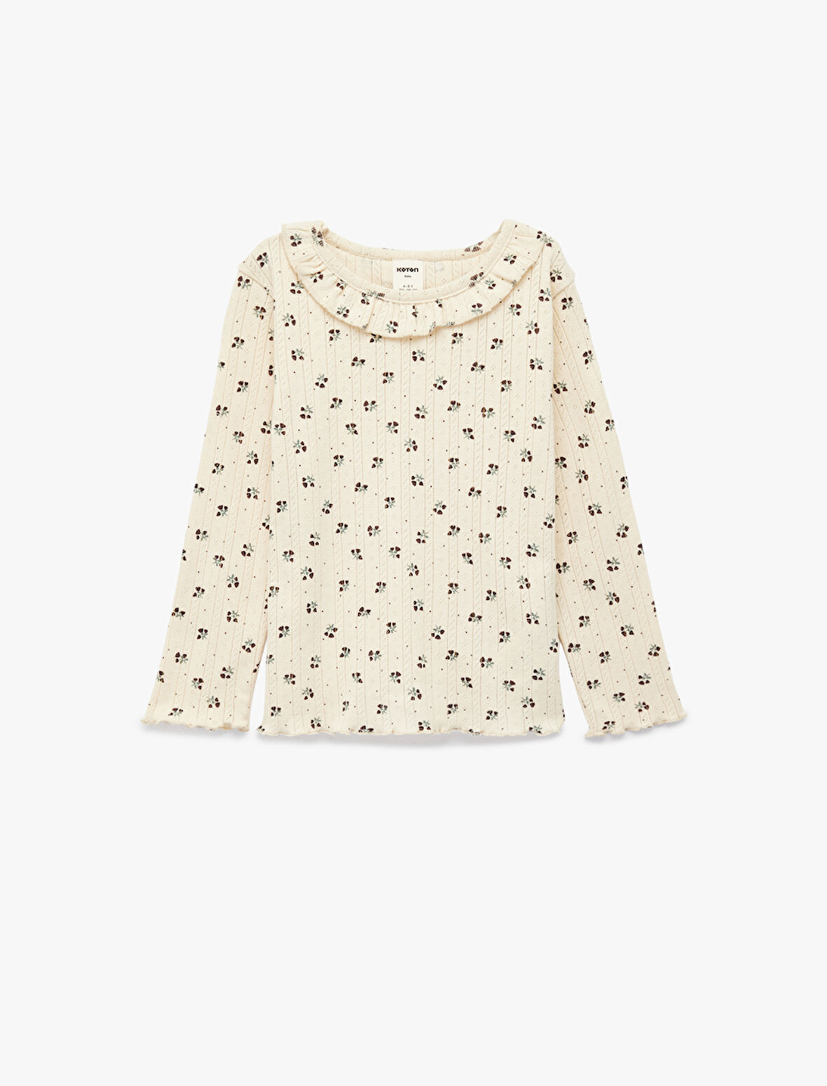 Pamuklu Uzun Kollu Bisiklet Yaka Fırfır Detaylı Çiçekli Tişört