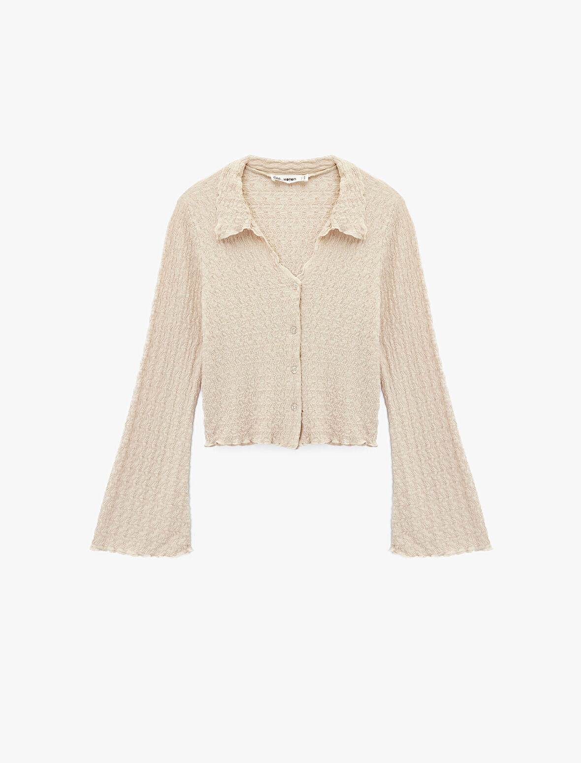 Slim Fit Uzun Kollu Düğmeli Dokulu Klasik Yaka Bluz