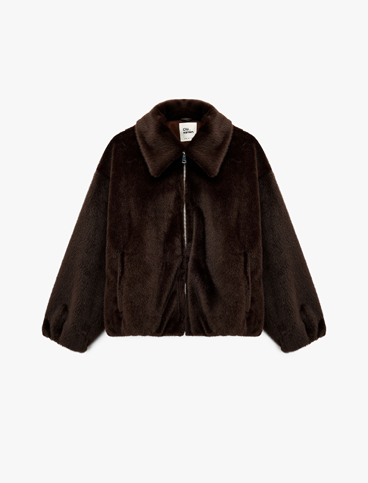 Klasik Yaka Fermuarlı Cepli Oversize Suni Kürk Bomber Ceket