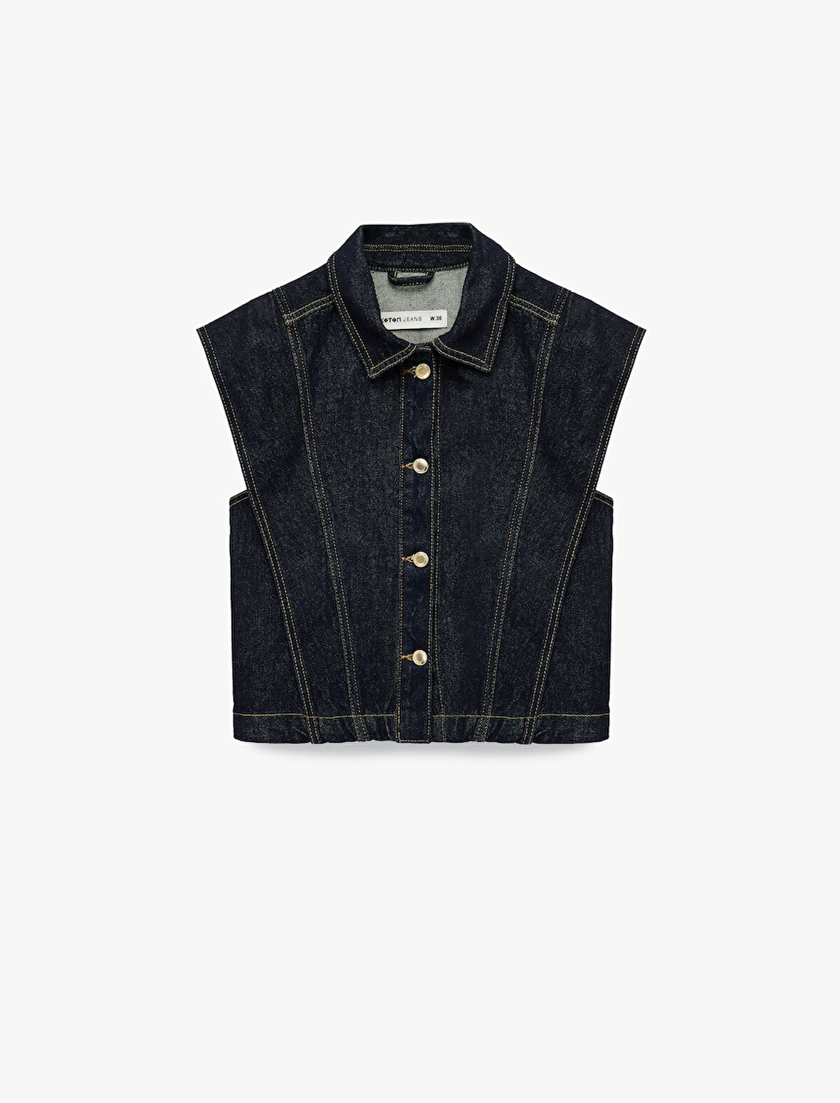 Klasik Yaka Dikiş Detaylı Pamuklu Düğmeli Denim Yelek