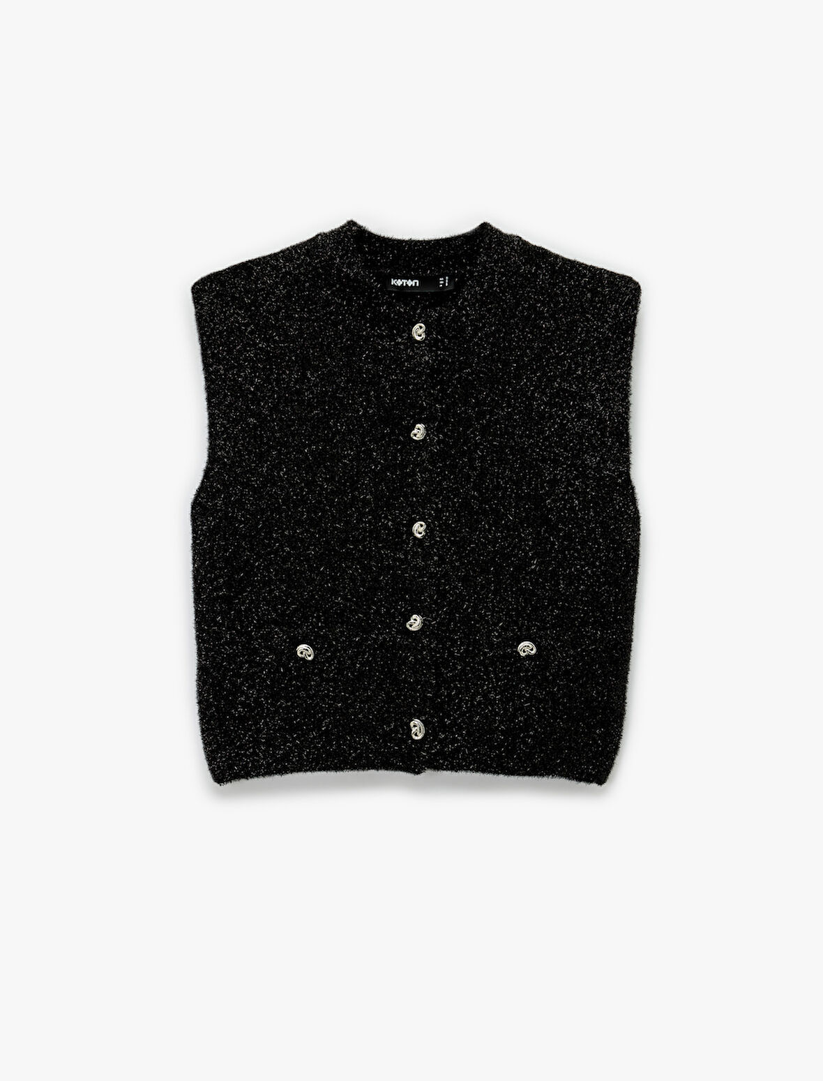 Metalik İplik Detaylı Parıltılı Bisiklet Yaka Triko Düğmeli Peluş Yelek