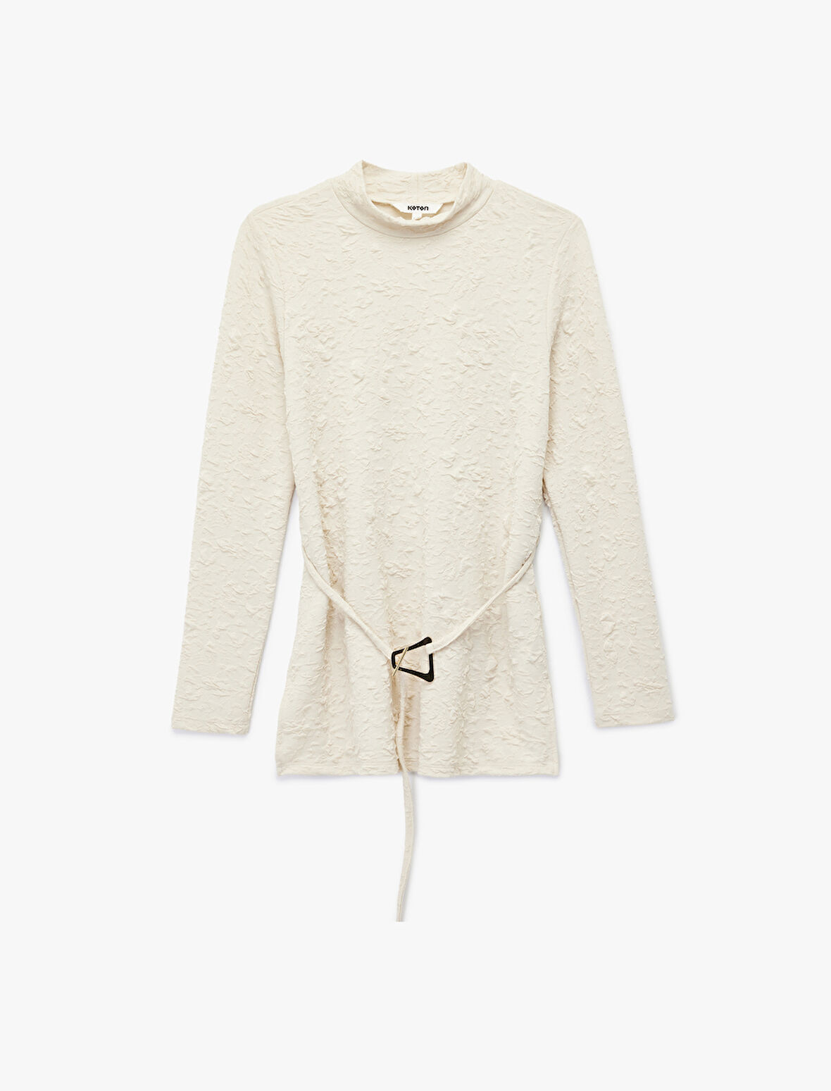 Uzun Kollu Kemer Detaylı Dik Yaka Dokulu Body