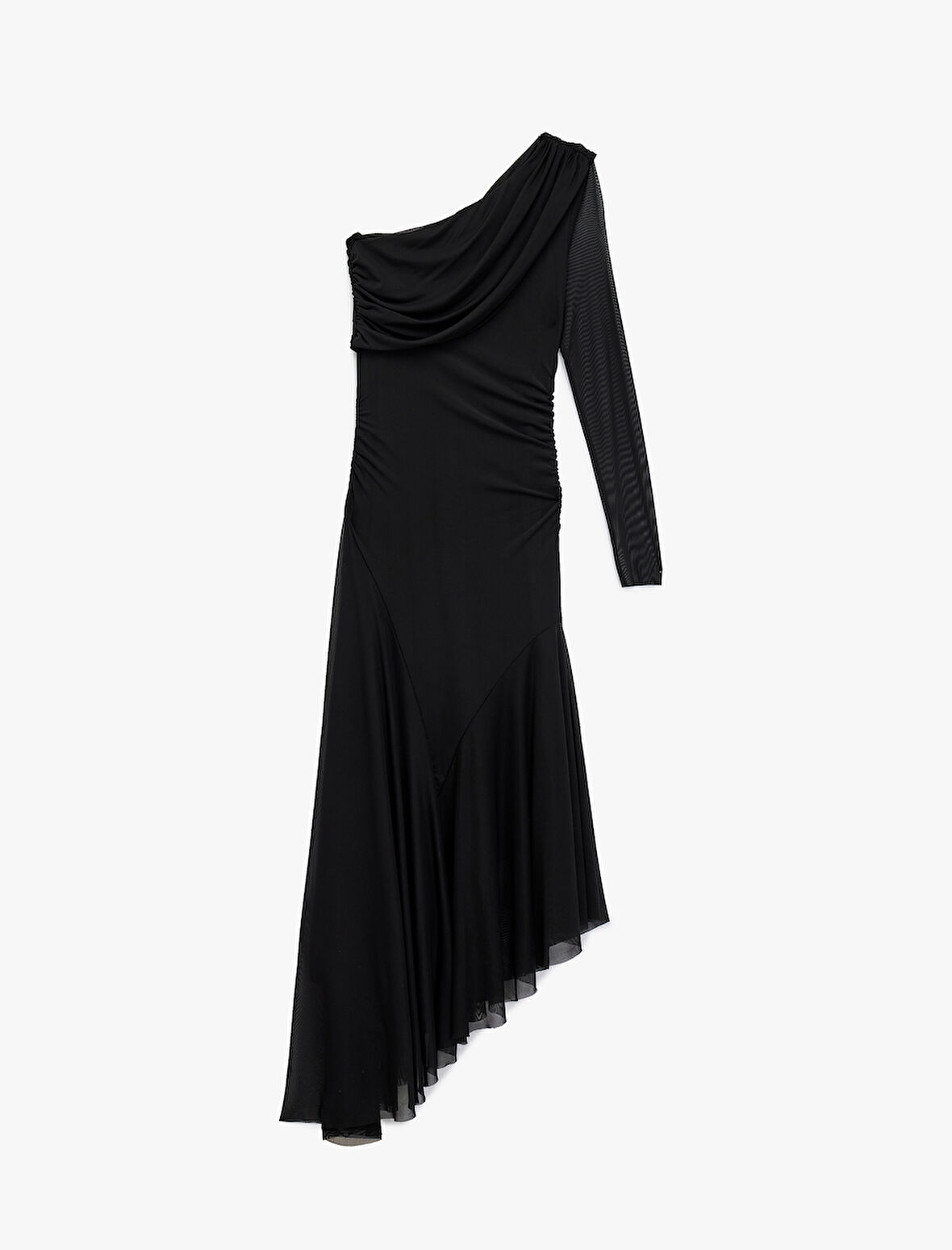 Uzun Kollu Asimetrik Etek Ucu Detaylı Midi Boy Tek Omuz Tül Elbise