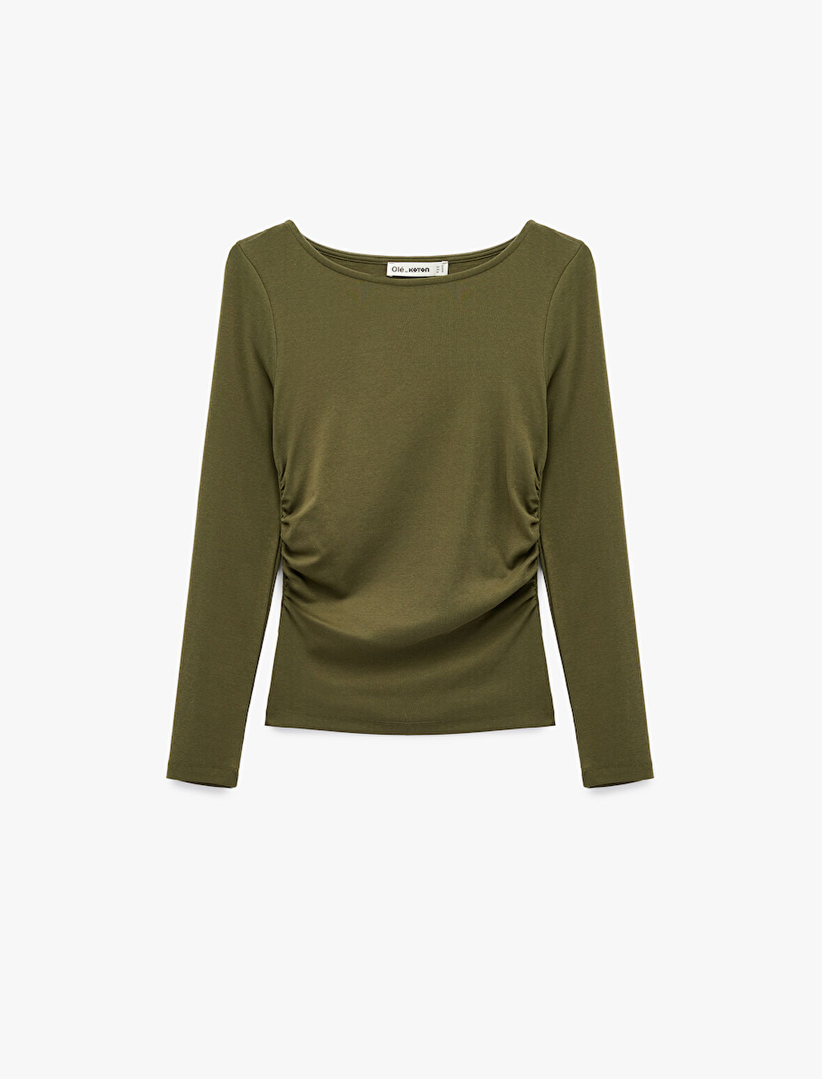 Pamuklu Slim Fit Kayık Yaka Drapeli Uzun Kollu Tişört