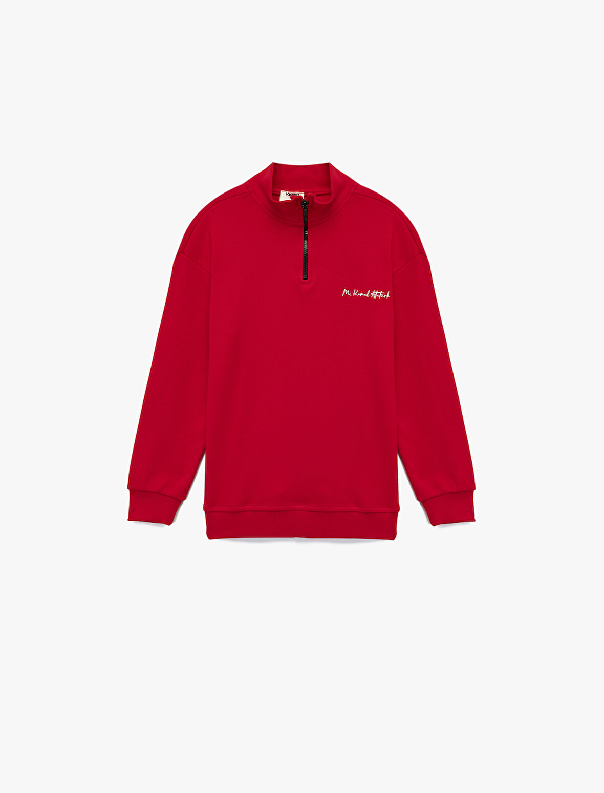 Dik Yaka Yarım Fermuarlı Uzun Kollu Atatürk Nakışlı Pamuklu Sweatshirt