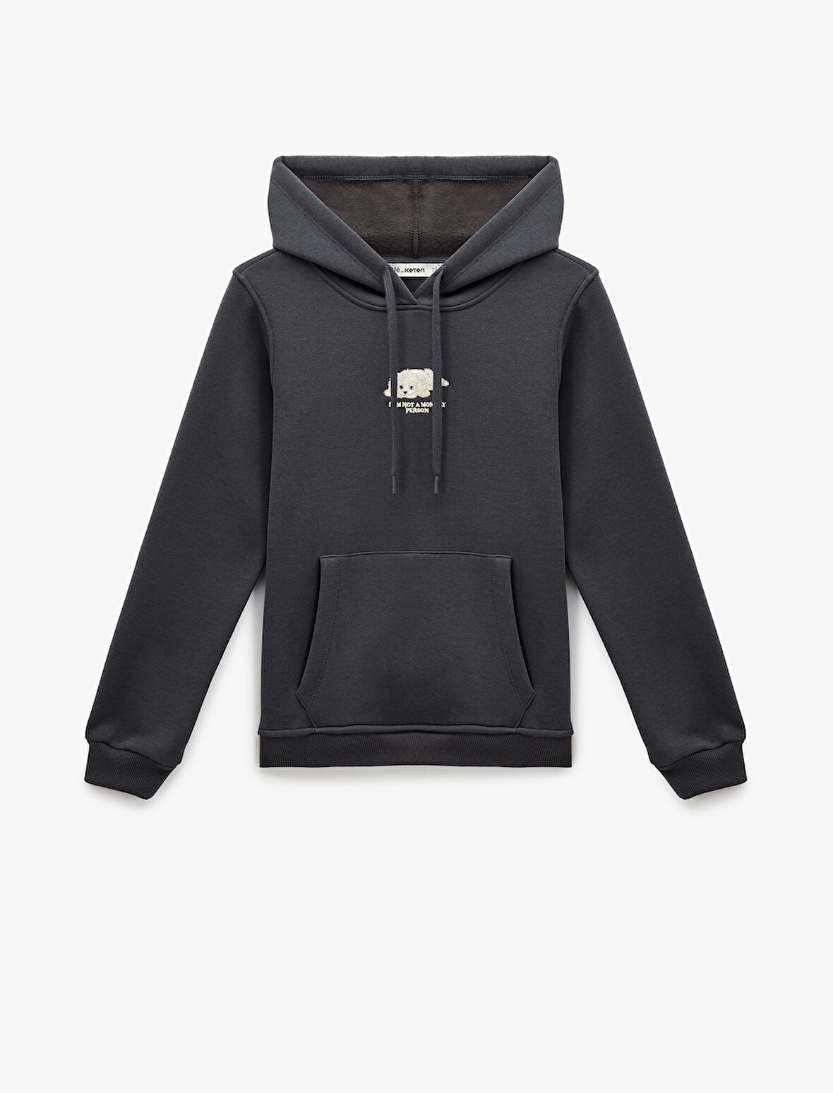 Şardonlu Uzun Kollu Cepli Köpek Nakış Detaylı Kapüşonlu Sweatshirt