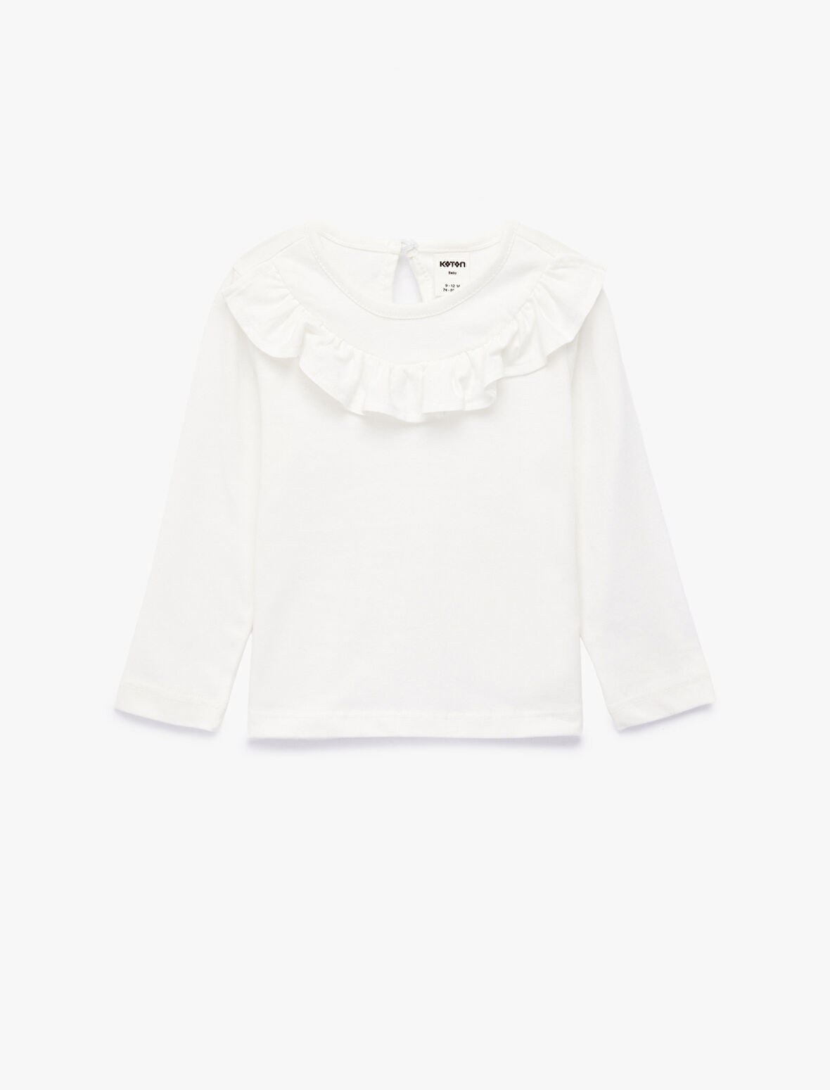 Bisiklet Yaka Uzun Kollu Fırfır Detaylı Pamuklu Tişört