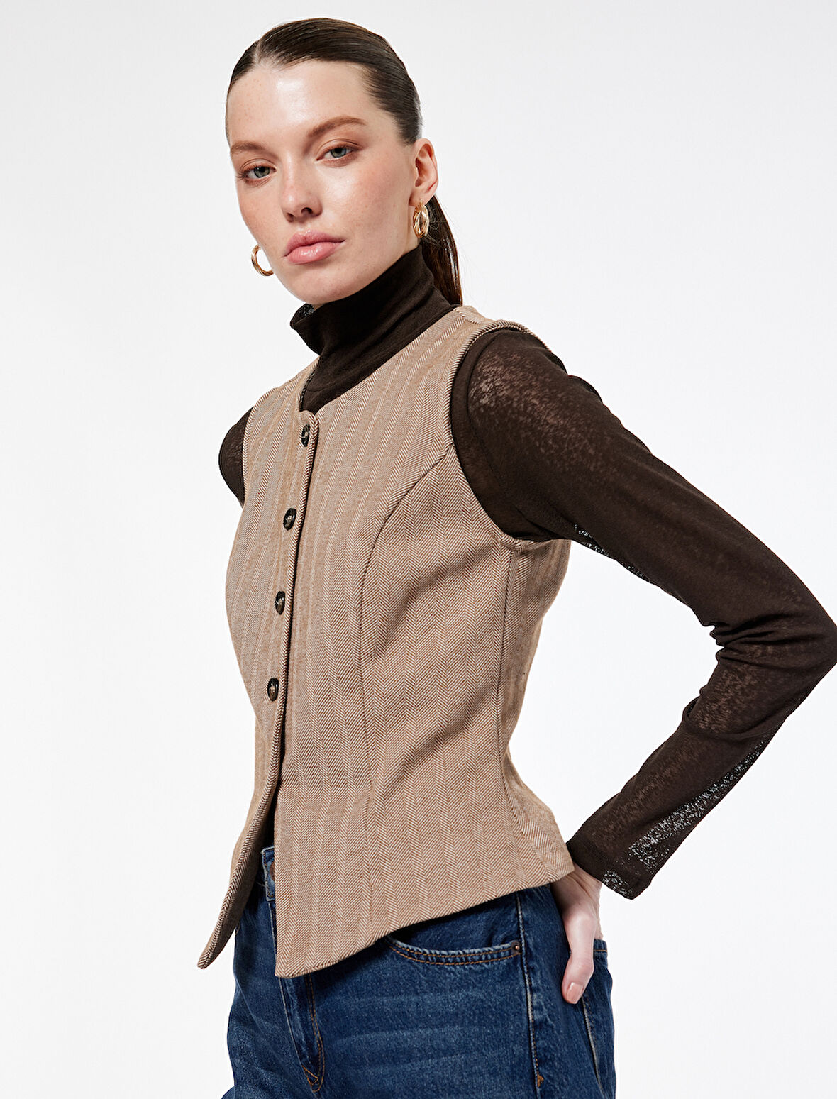 Slim Fit Bisiklet Yaka Düğmeli Desenli Yelek