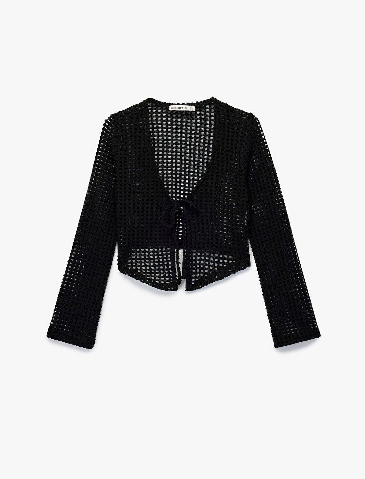 V Yaka Uzun Kollu Önden Bağlamalı Ajurlu Hırka