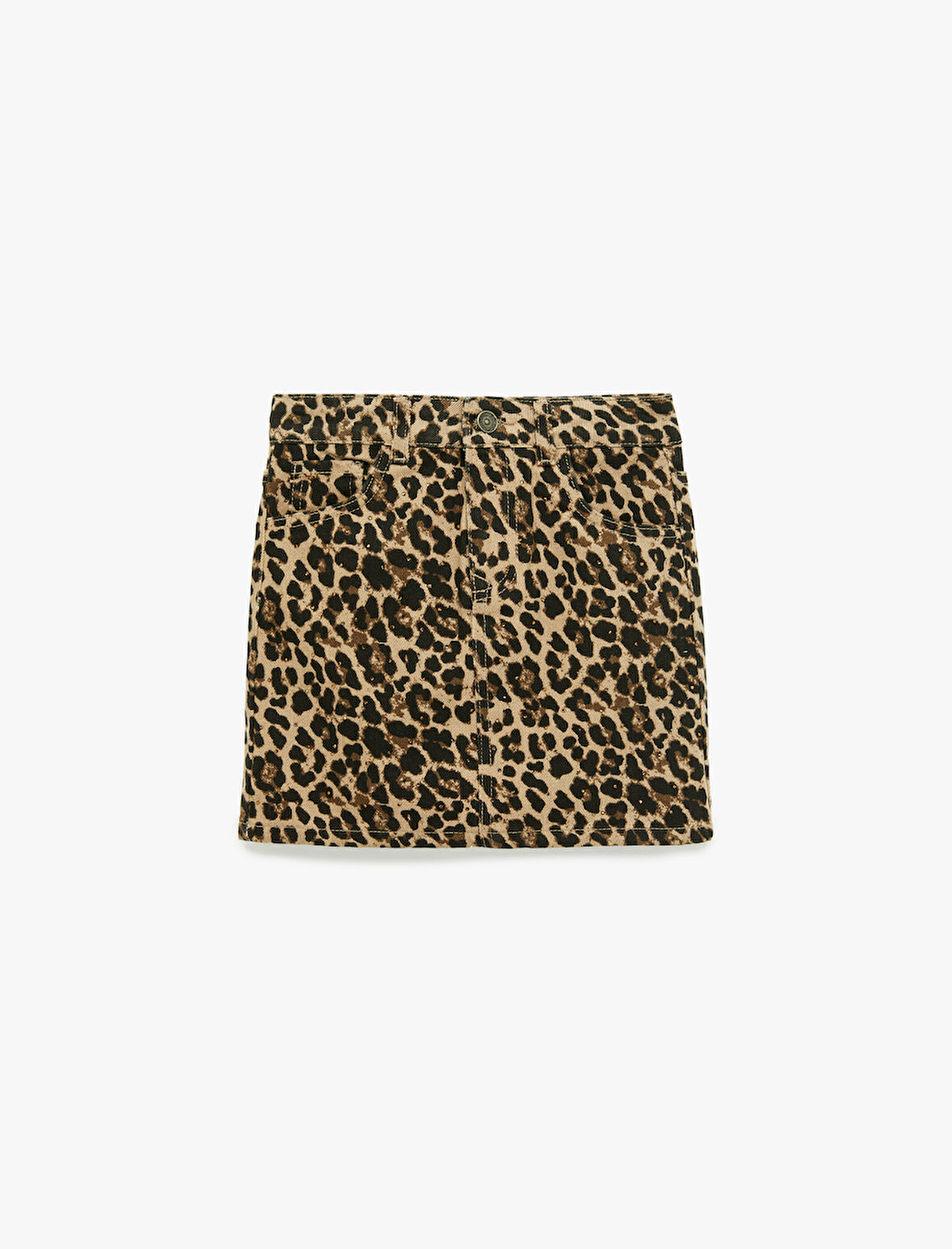 Leopar Desenli Taş Detaylı Pamuklu Denim Etek