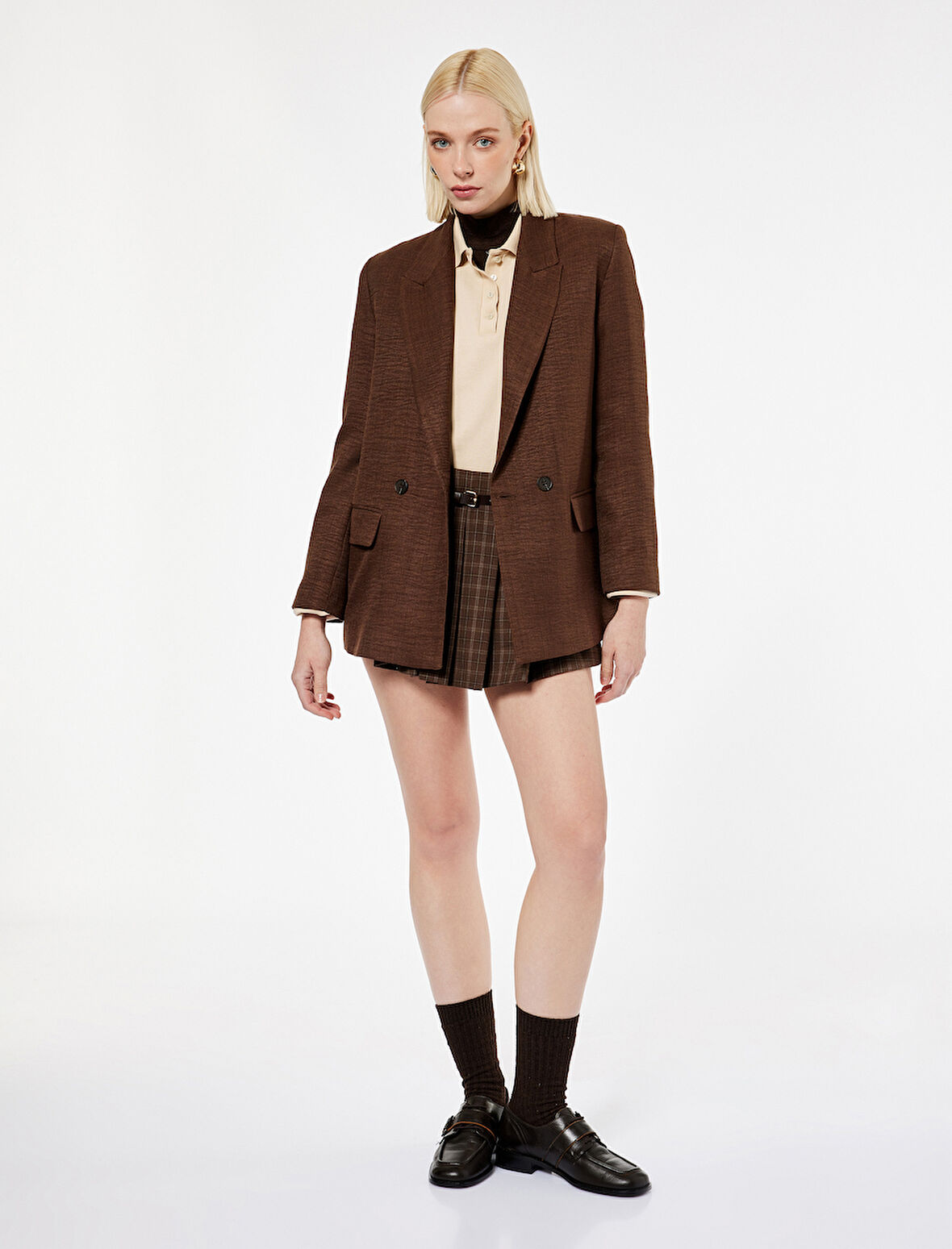 3/4 Kollu Düğmeli Cep Detaylı Kruvaze Yaka Blazer Ceket