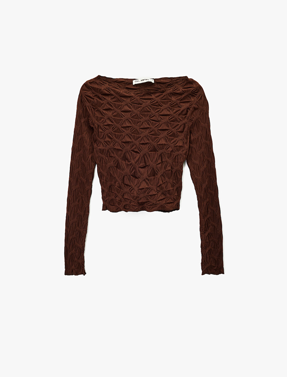 Uzun Kollu Dokulu Kayık Yaka Slim Fit Crop Tişört