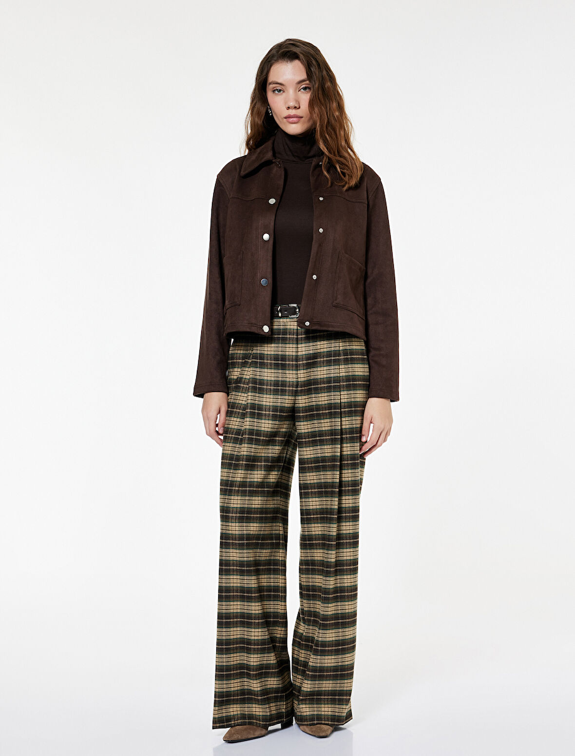 Kemer Detaylı Cepli Geniş Paça Ekose Pantolon