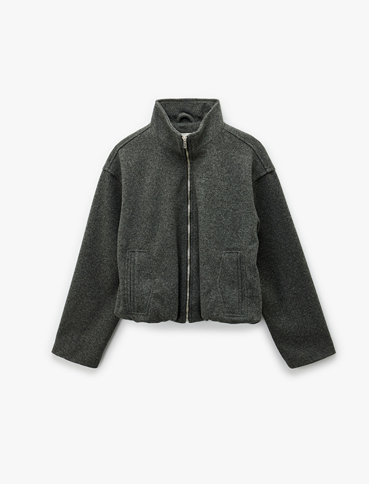 Dik Yaka Uzun Kollu Cepli Fermuarlı Oversize Bomber Ceket