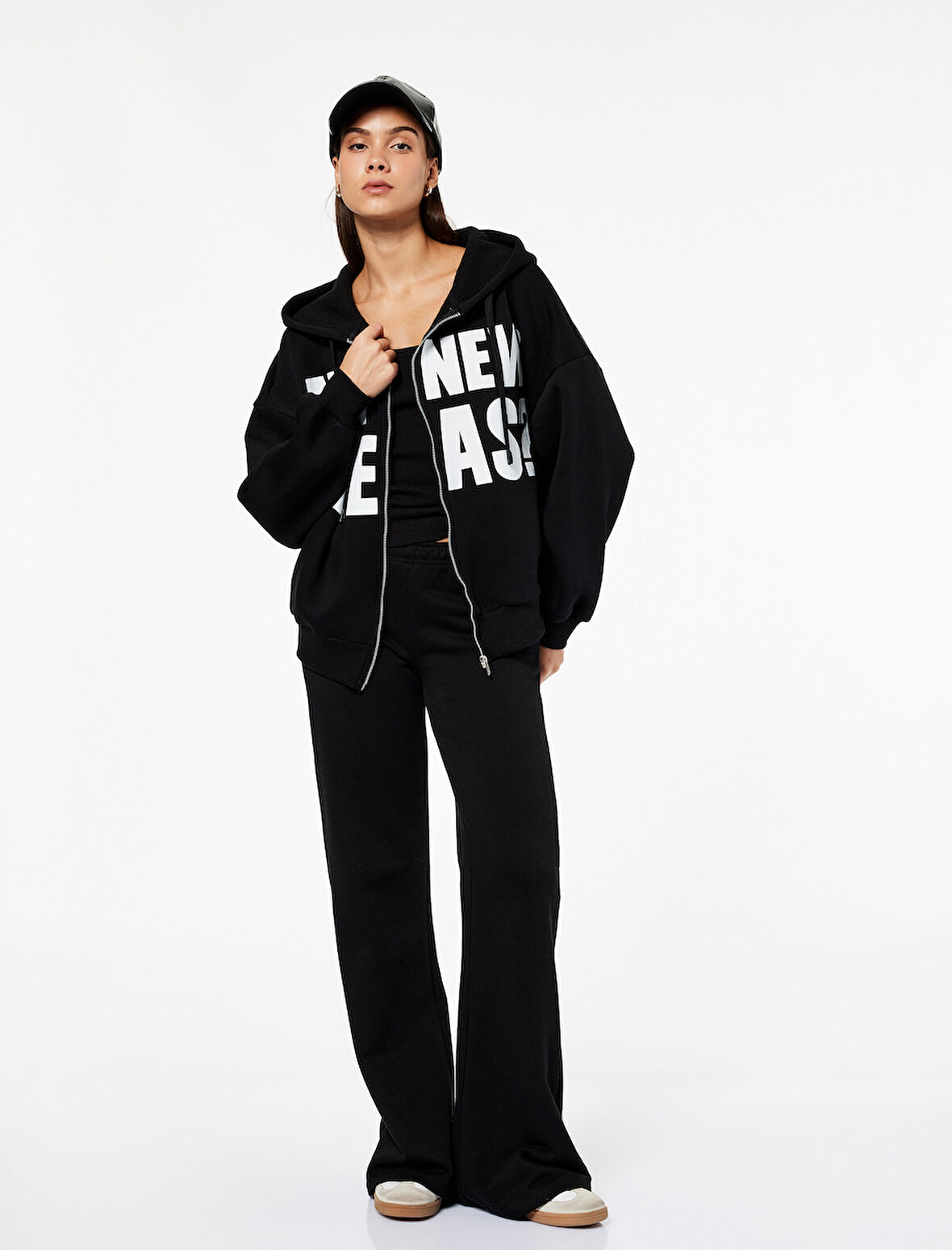 Kapüşonlu Uzun Kollu Baskılı Oversize Fermuarlı Hırka