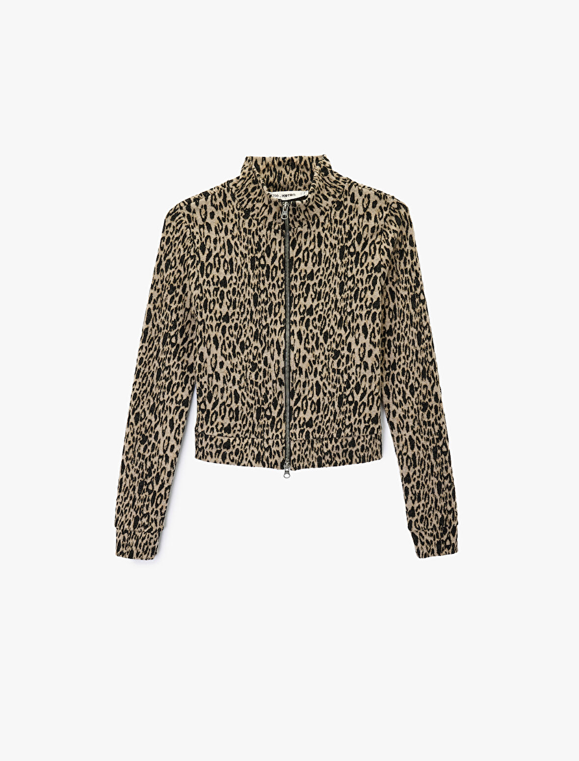 Slim Fit Uzun Kollu Dik Yaka Fermuarlı Leopar Desenli Hırka