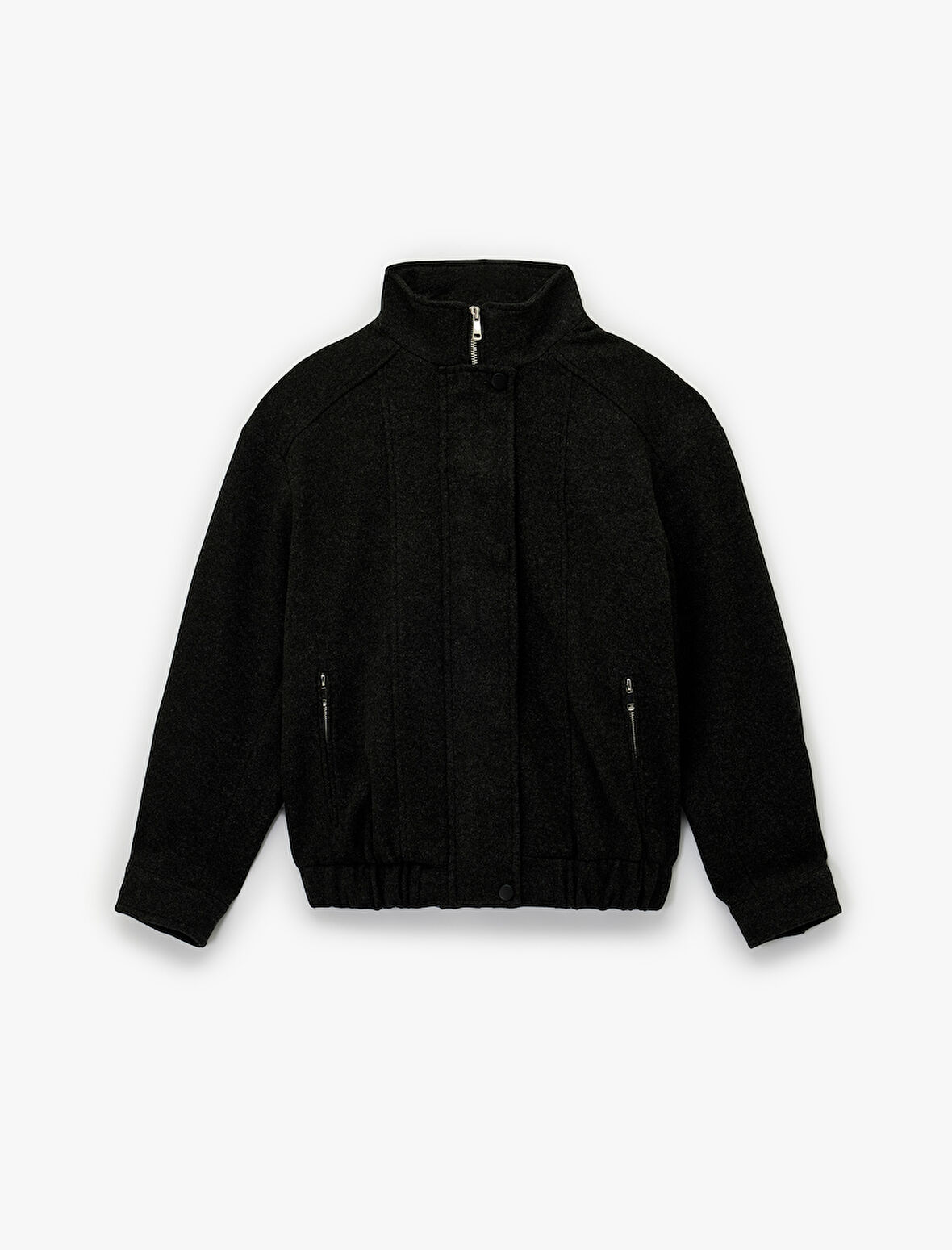Uzun Kollu Cepli Dik Yaka Fermuarlı Crop Kaşe Bomber Mont