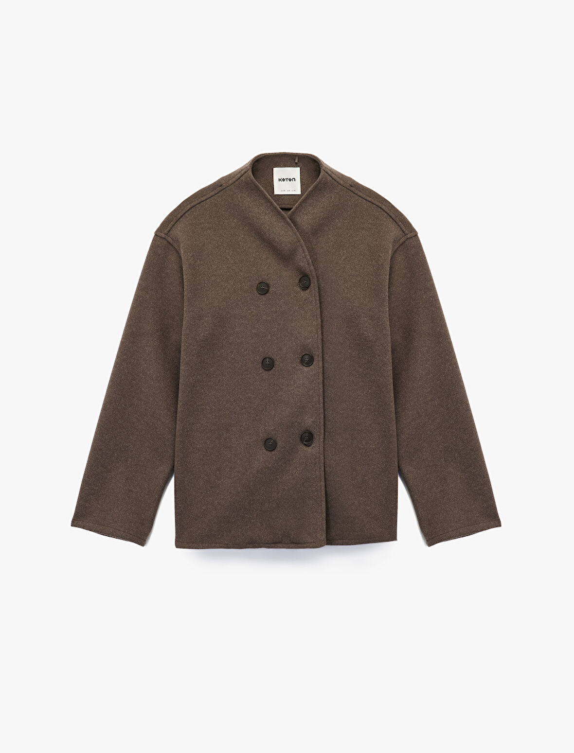 Uzun Kollu Dik Yaka Düğmeli Kruvaze Kaşe Ceket