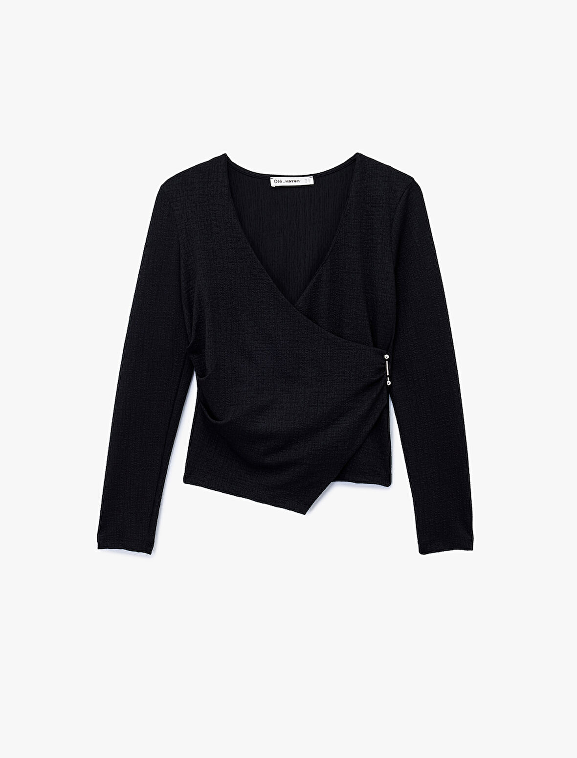 Metal Aksesuarlı Uzun Kollu Slim Fit Bürümcük Kruvaze Yaka Bluz