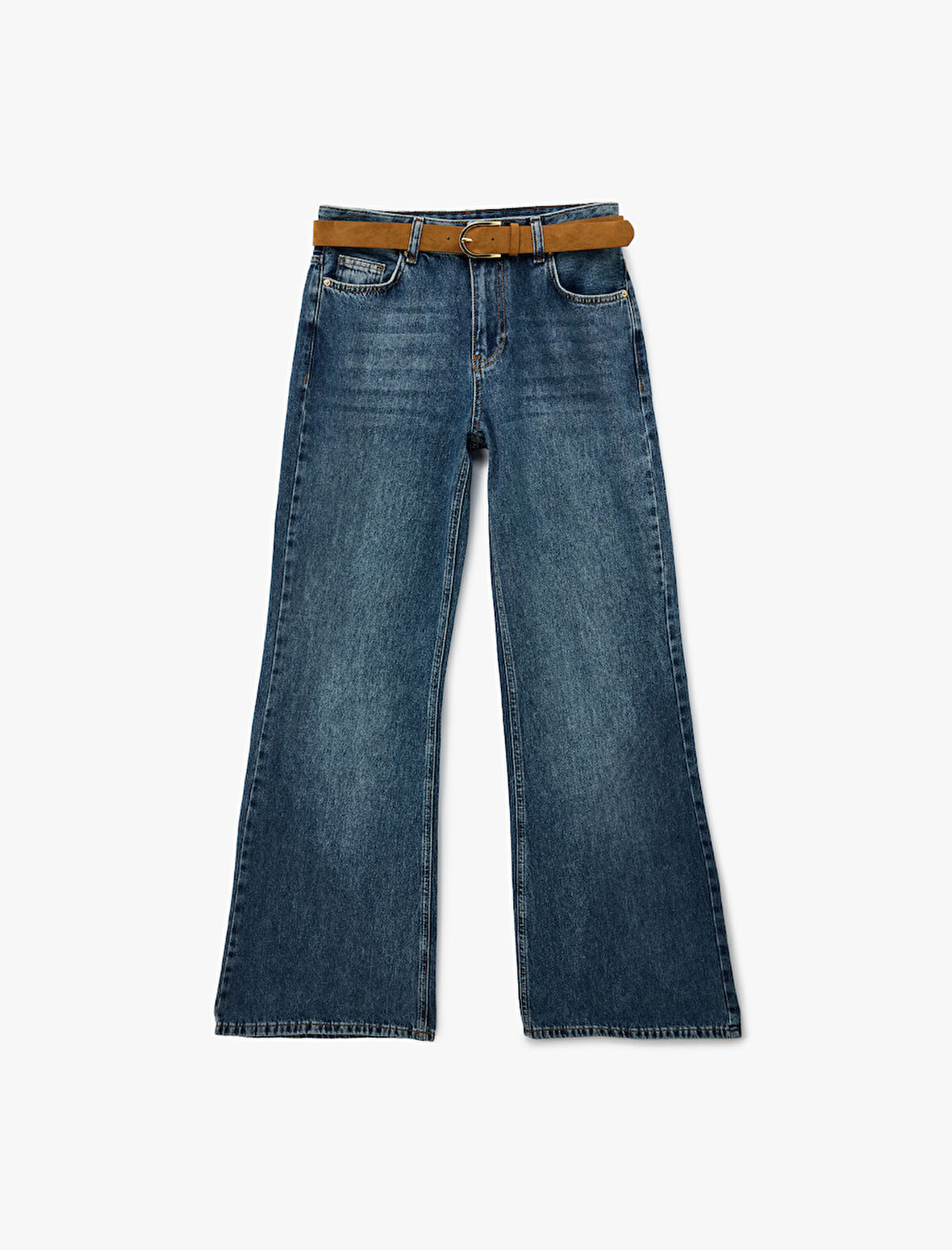 Pamuklu Düğmeli Kemer Detaylı İspanyol Paça Jean Pantolon - Flare Jeans