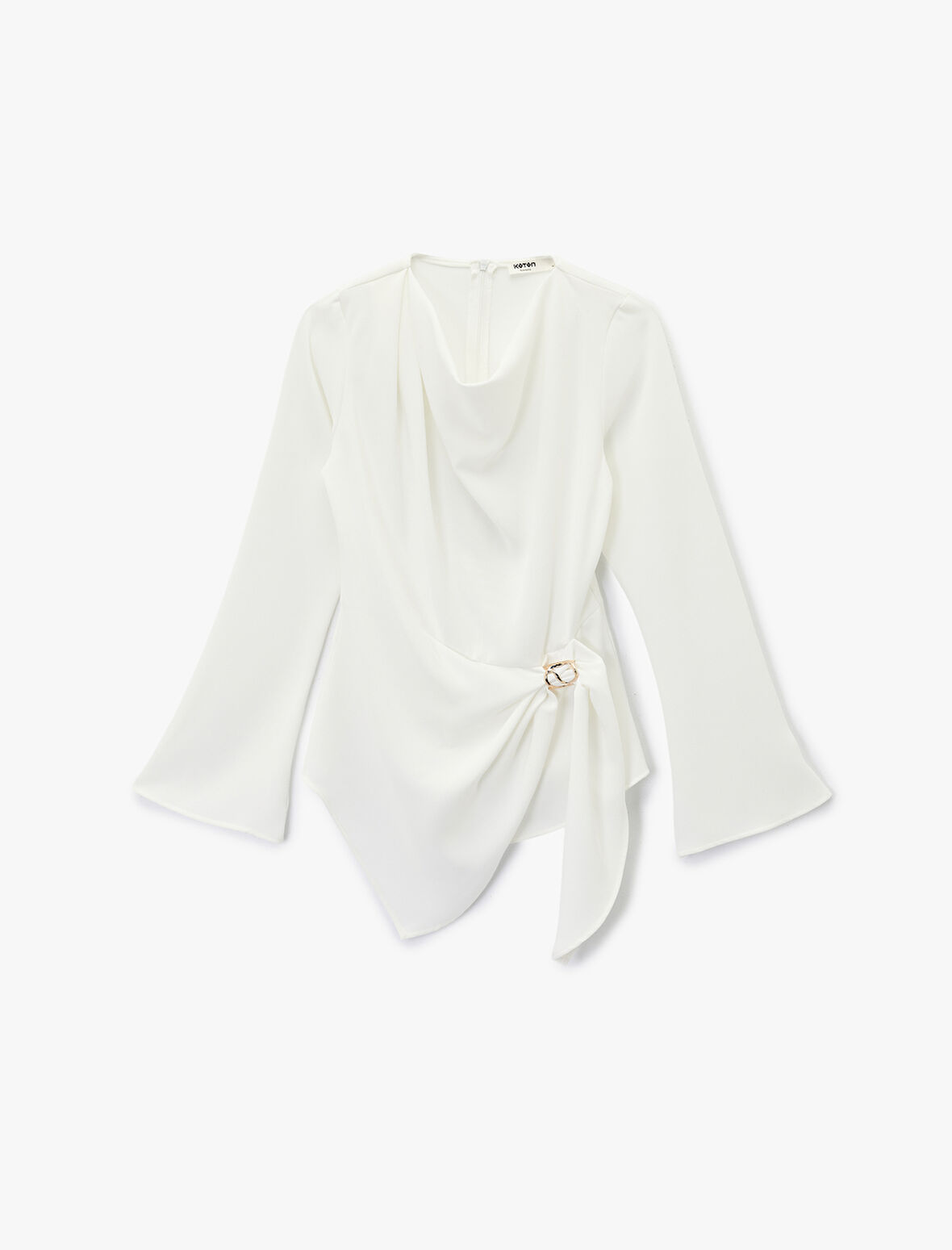 Uzun Kollu Degaje Yaka Metal Aksesuarlı Büzgülü Asimetrik Bluz