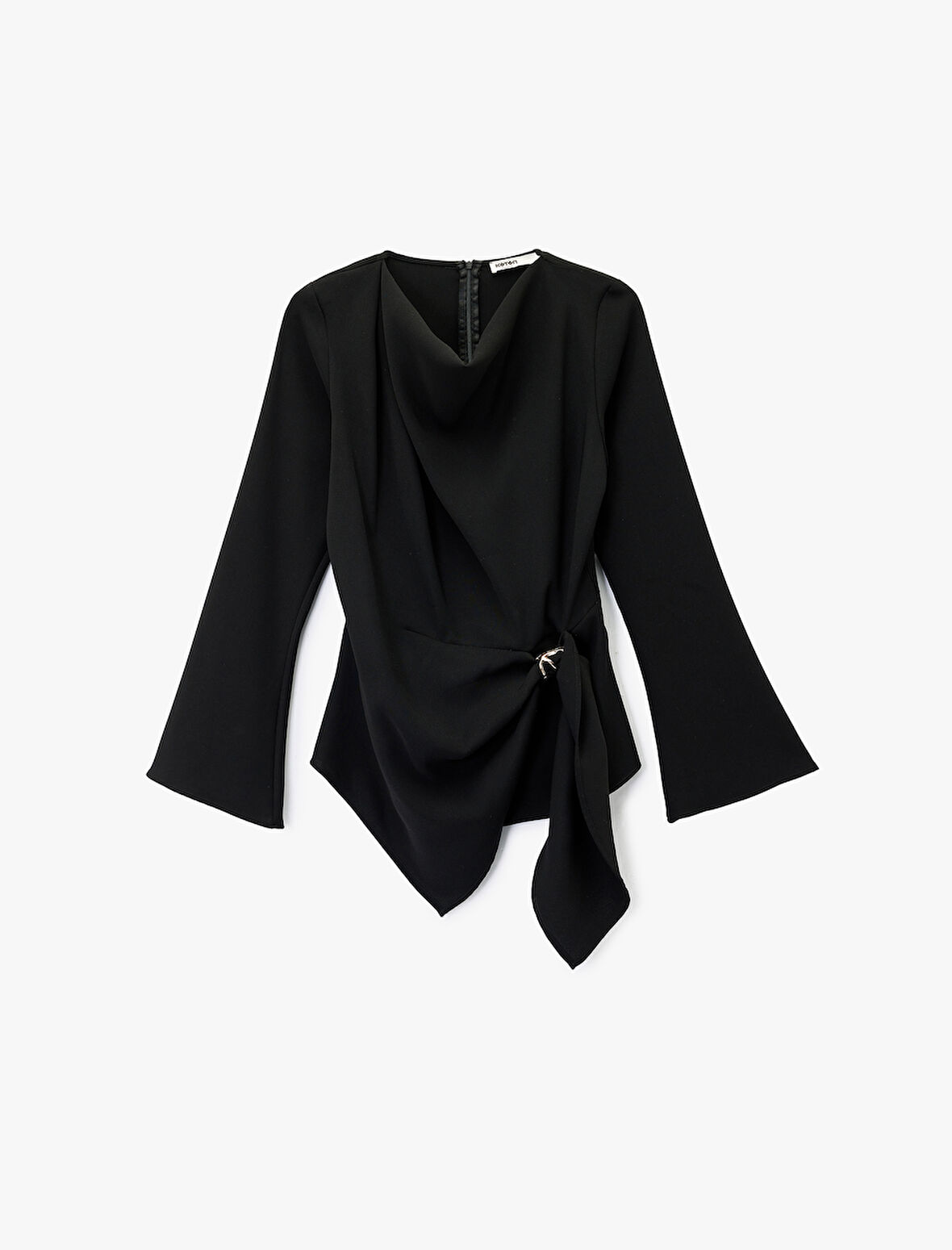 Uzun Kollu Degaje Yaka Metal Aksesuarlı Büzgülü Asimetrik Bluz