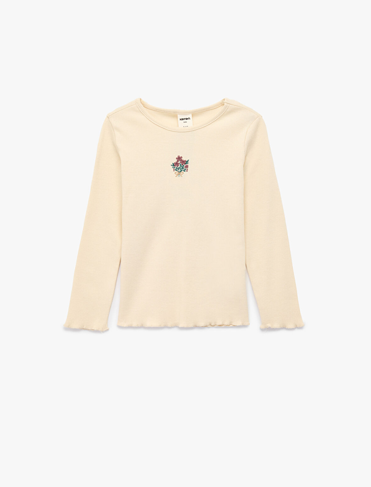 Çiçek Nakış Detaylı Uzun Kollu Bisiklet Yaka Pamuklu Tişört