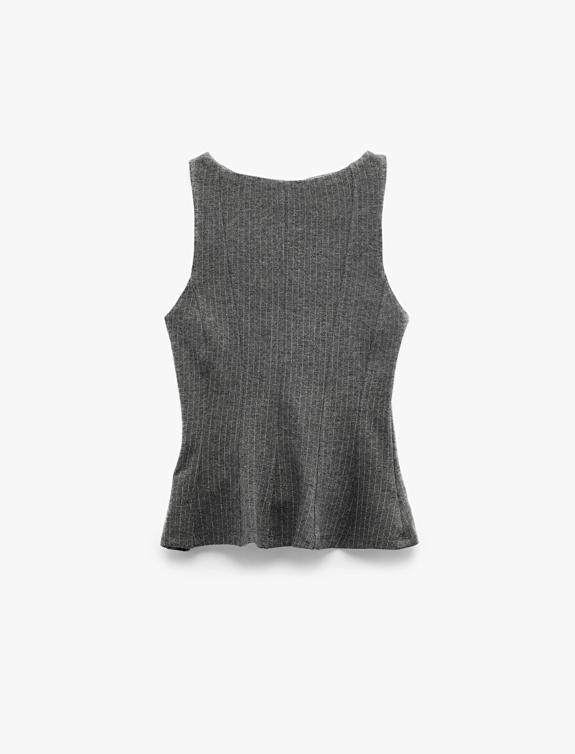 Slim Fit Kayık Yuvarlak Yaka Parıltılı Çizgili Kolsuz Peplum Bluz