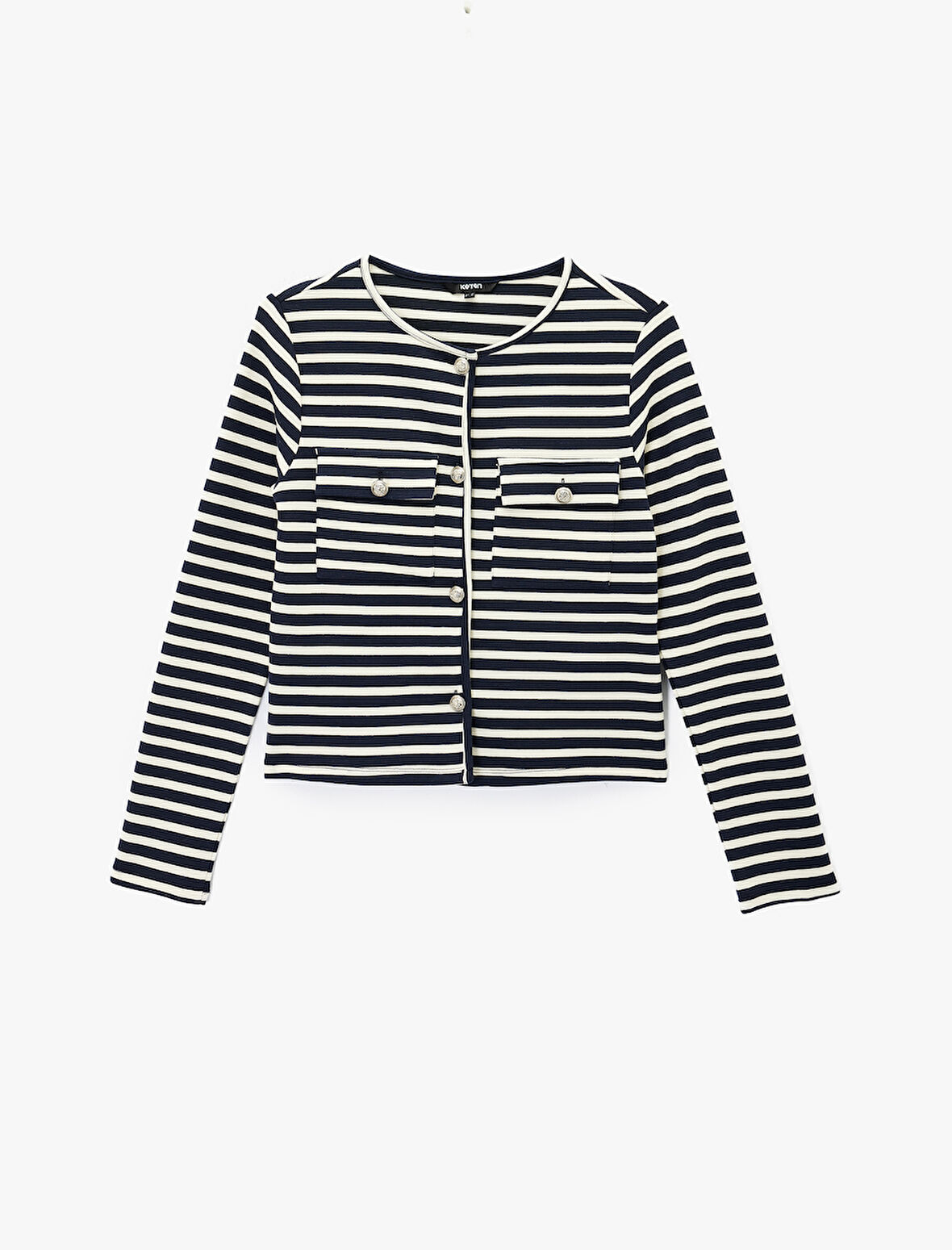 Düğmeli Pamuklu Uzun Kollu Bisiklet Yaka Çizgili Hırka